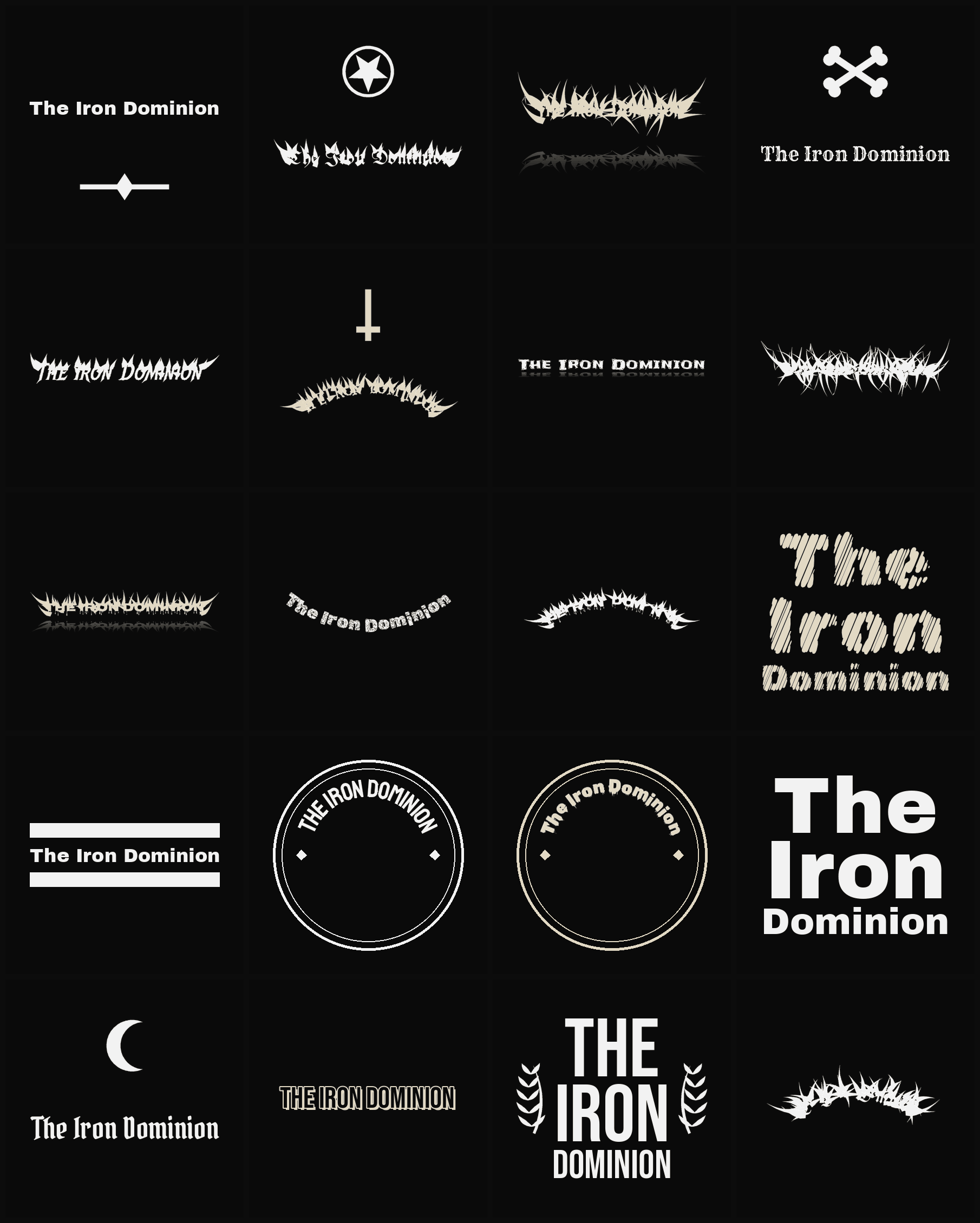 Twenty The Iron Dominion band logo ideas — different faces, treatments and spike settings