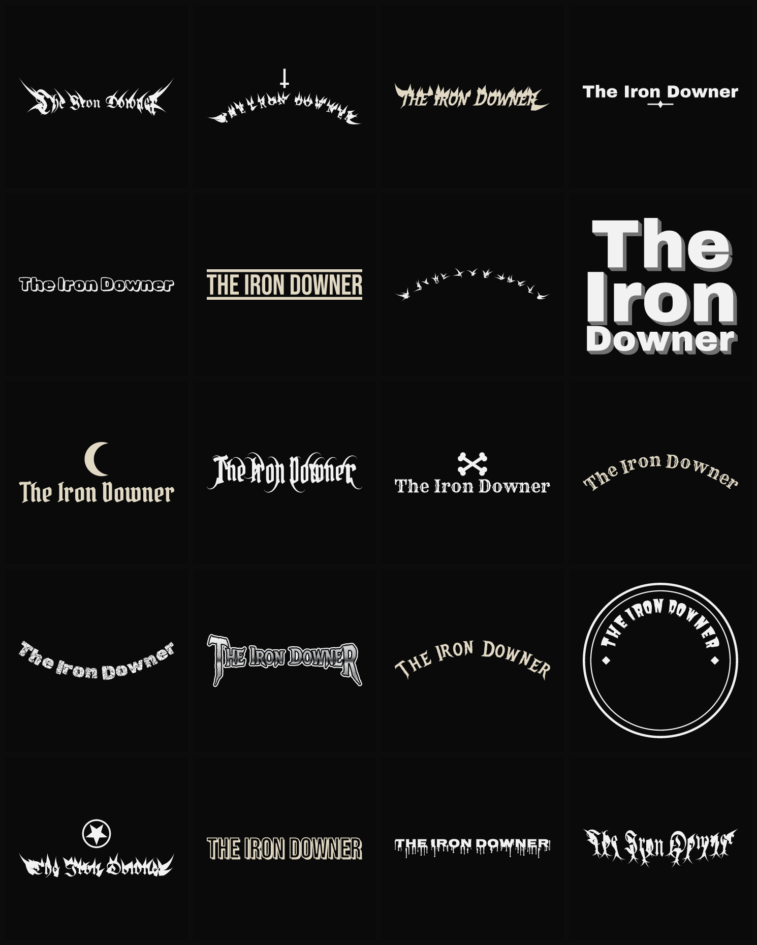 Twenty The Iron Downer band logo ideas — different faces, treatments and spike settings