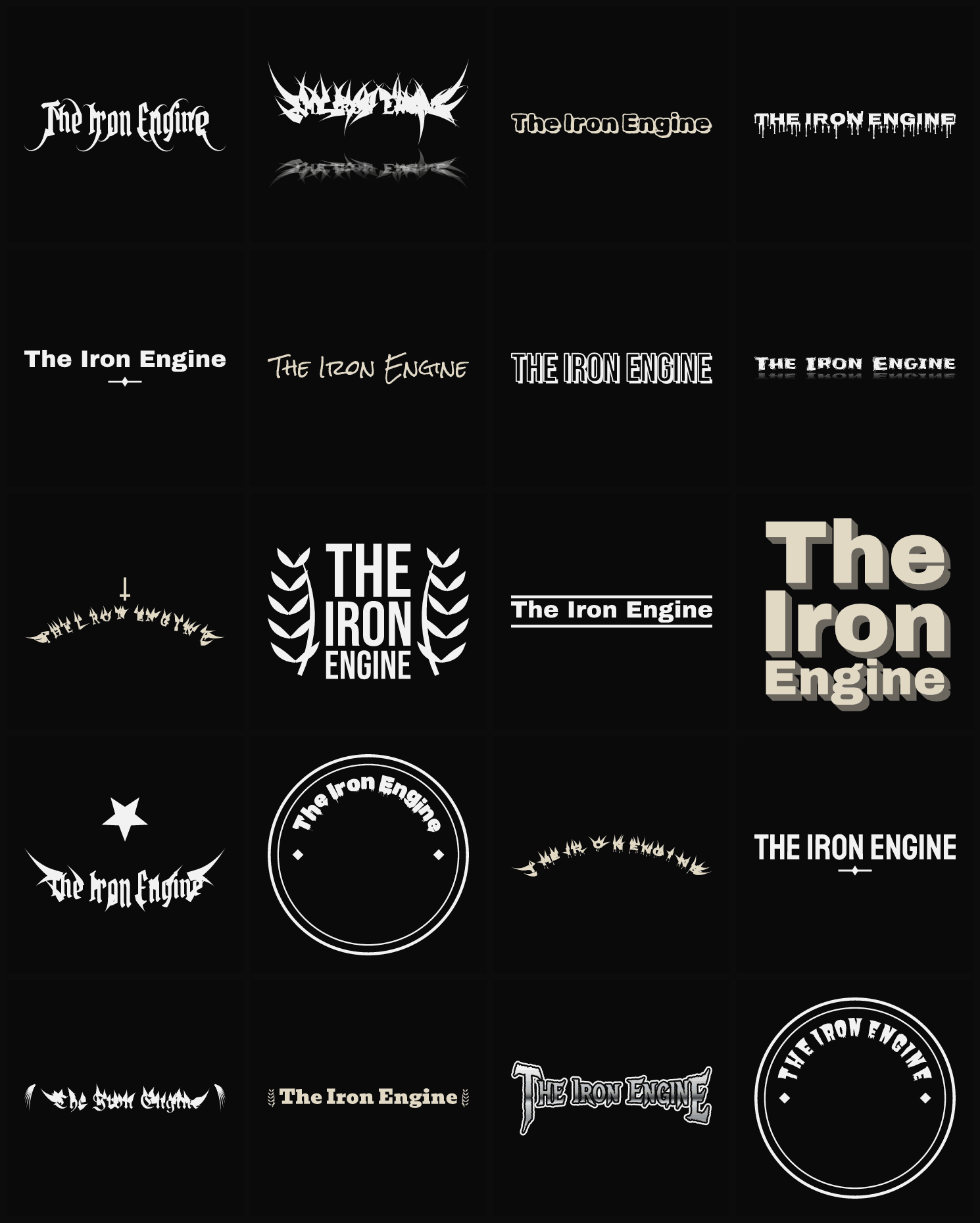 Twenty The Iron Engine band logo ideas — different faces, treatments and spike settings