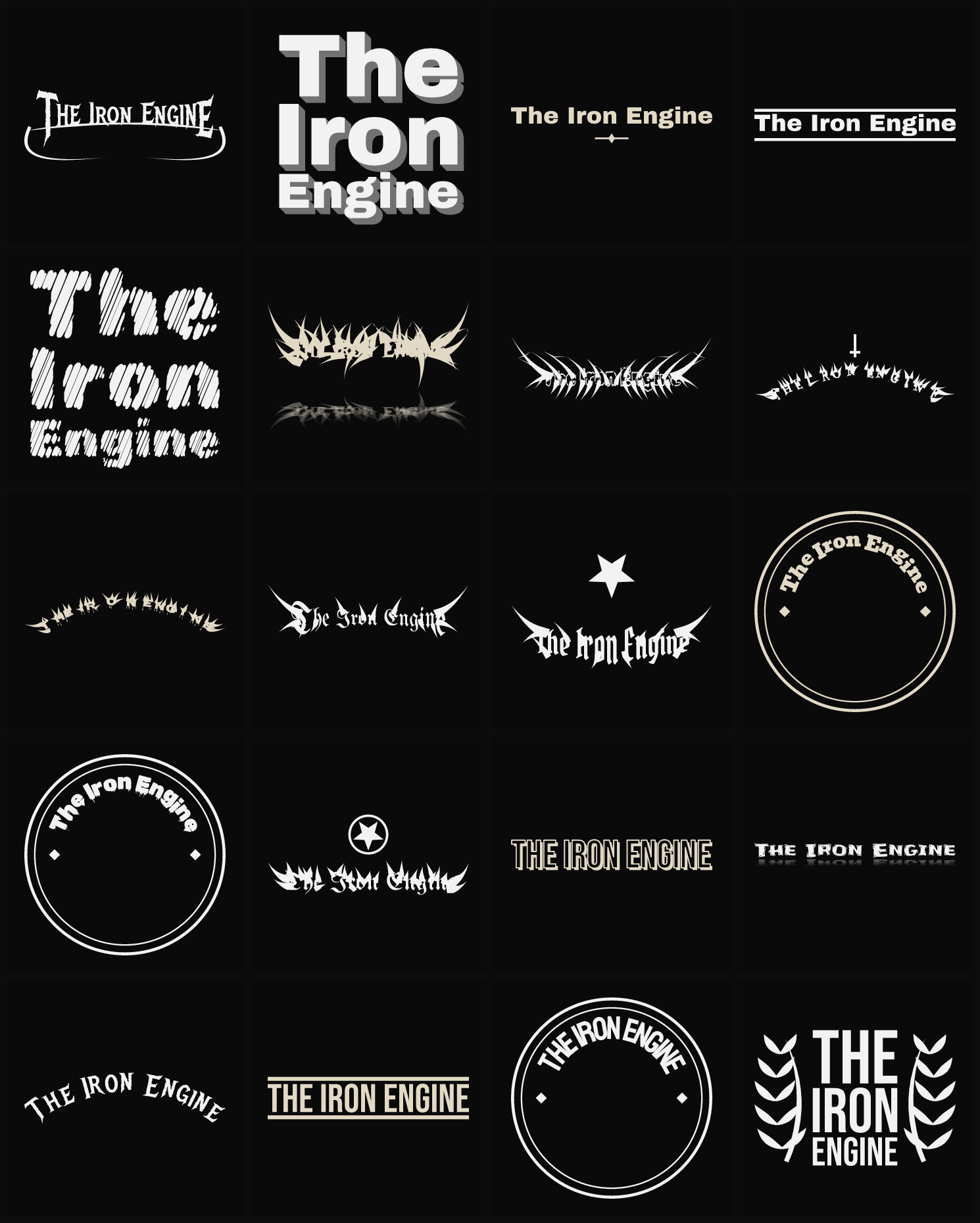 Twenty The Iron Engine band logo ideas — different faces, treatments and spike settings