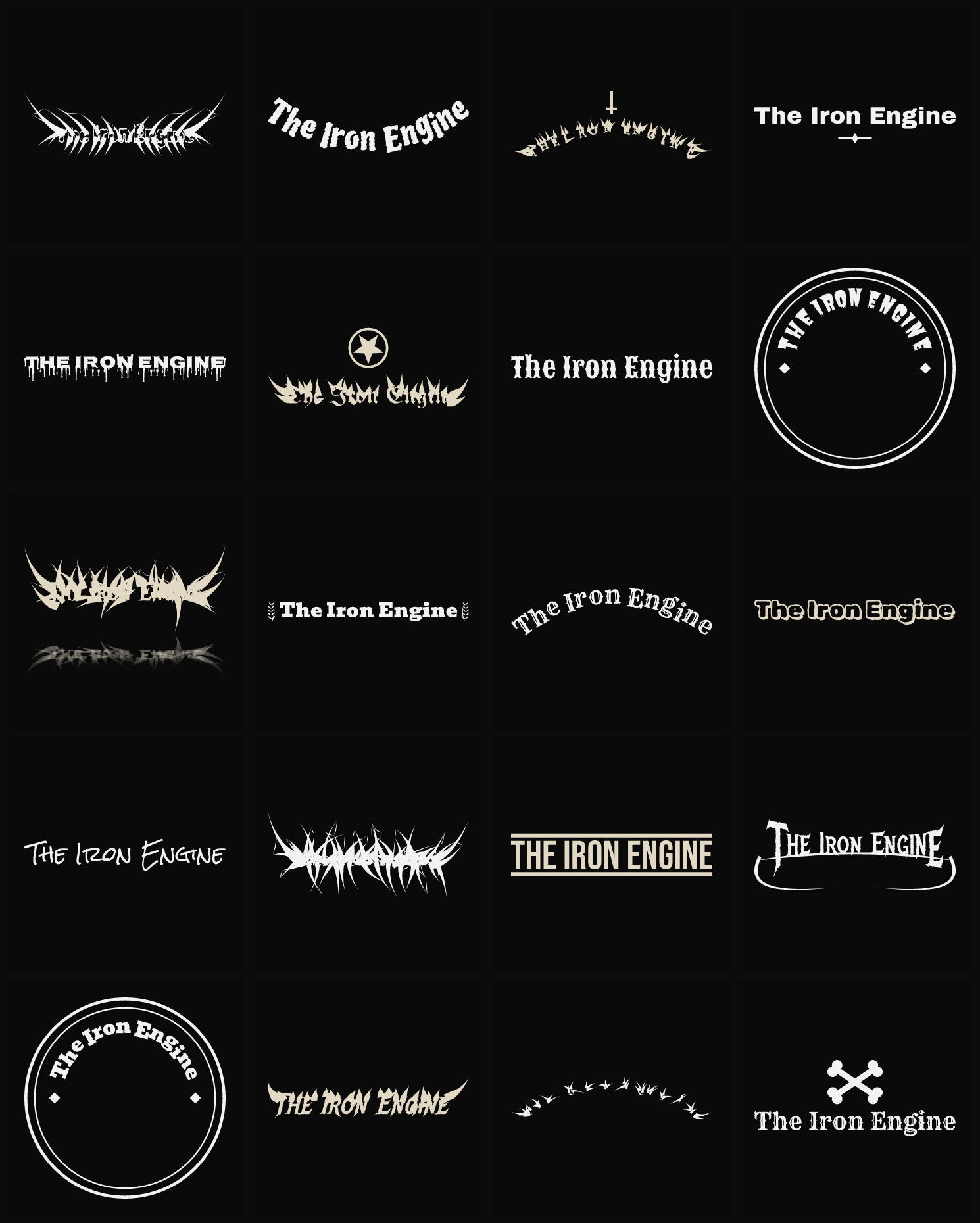 Twenty The Iron Engine band logo ideas — different faces, treatments and spike settings