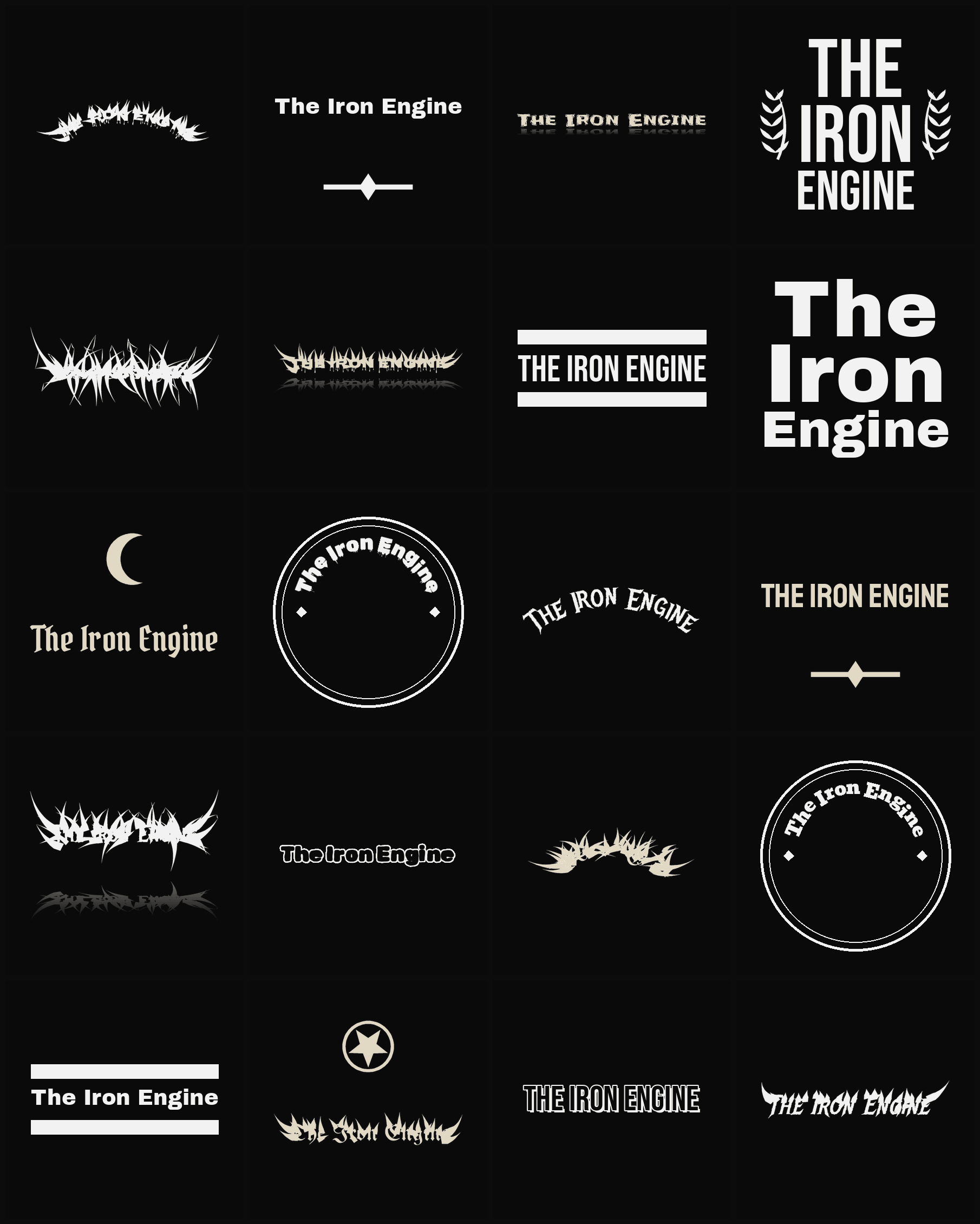 Twenty The Iron Engine band logo ideas — different faces, treatments and spike settings