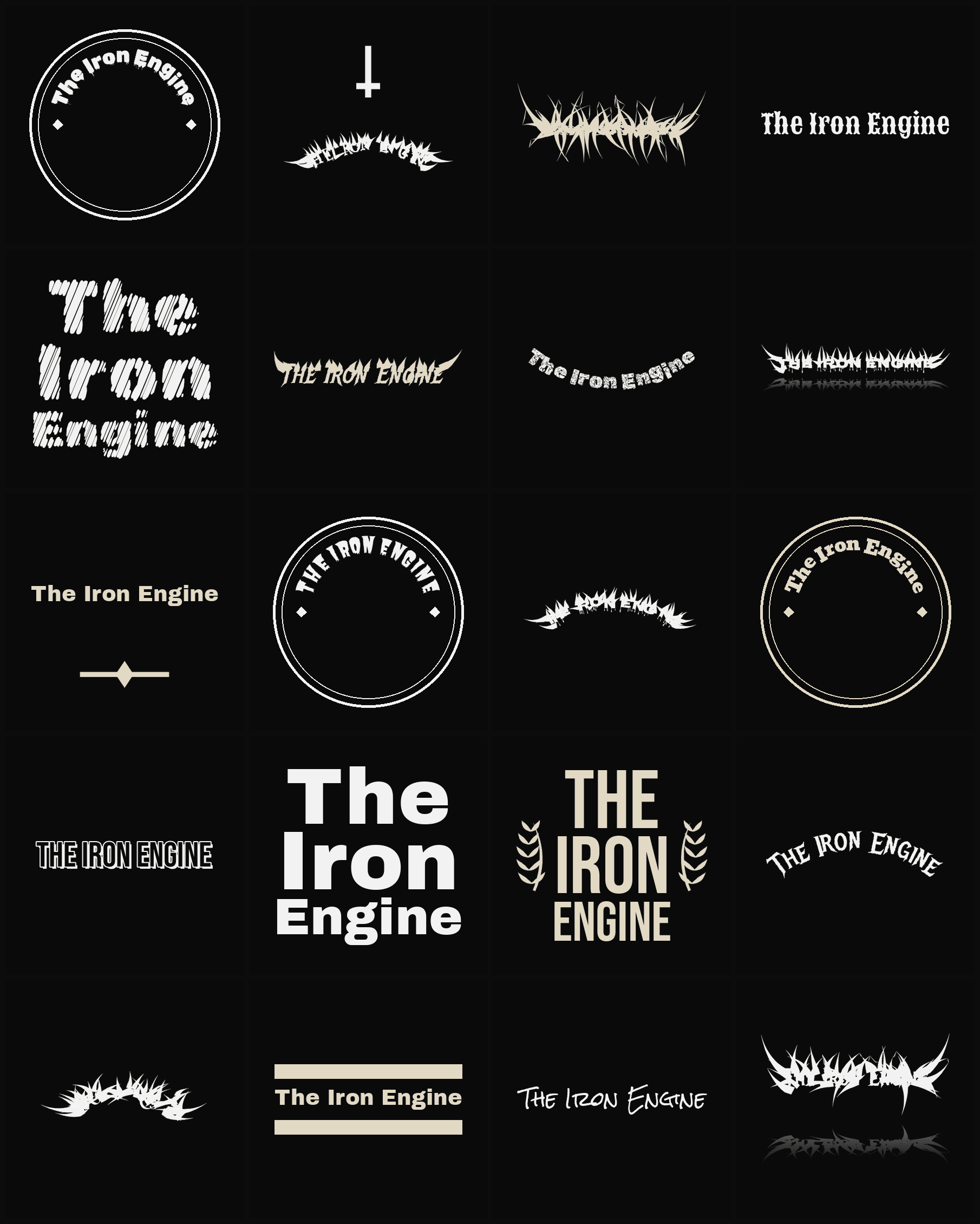 Twenty The Iron Engine band logo ideas — different faces, treatments and spike settings