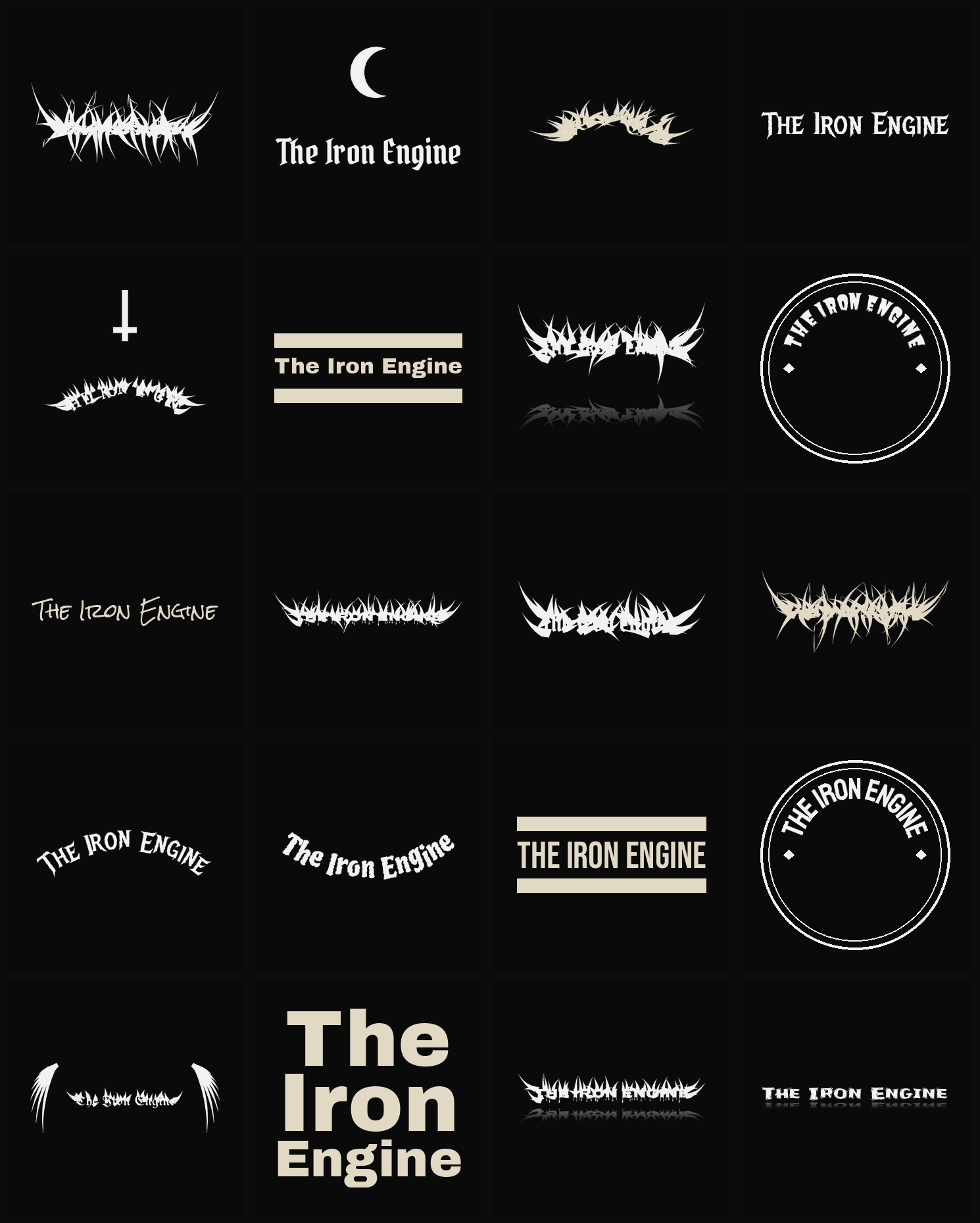 Twenty The Iron Engine band logo ideas — different faces, treatments and spike settings