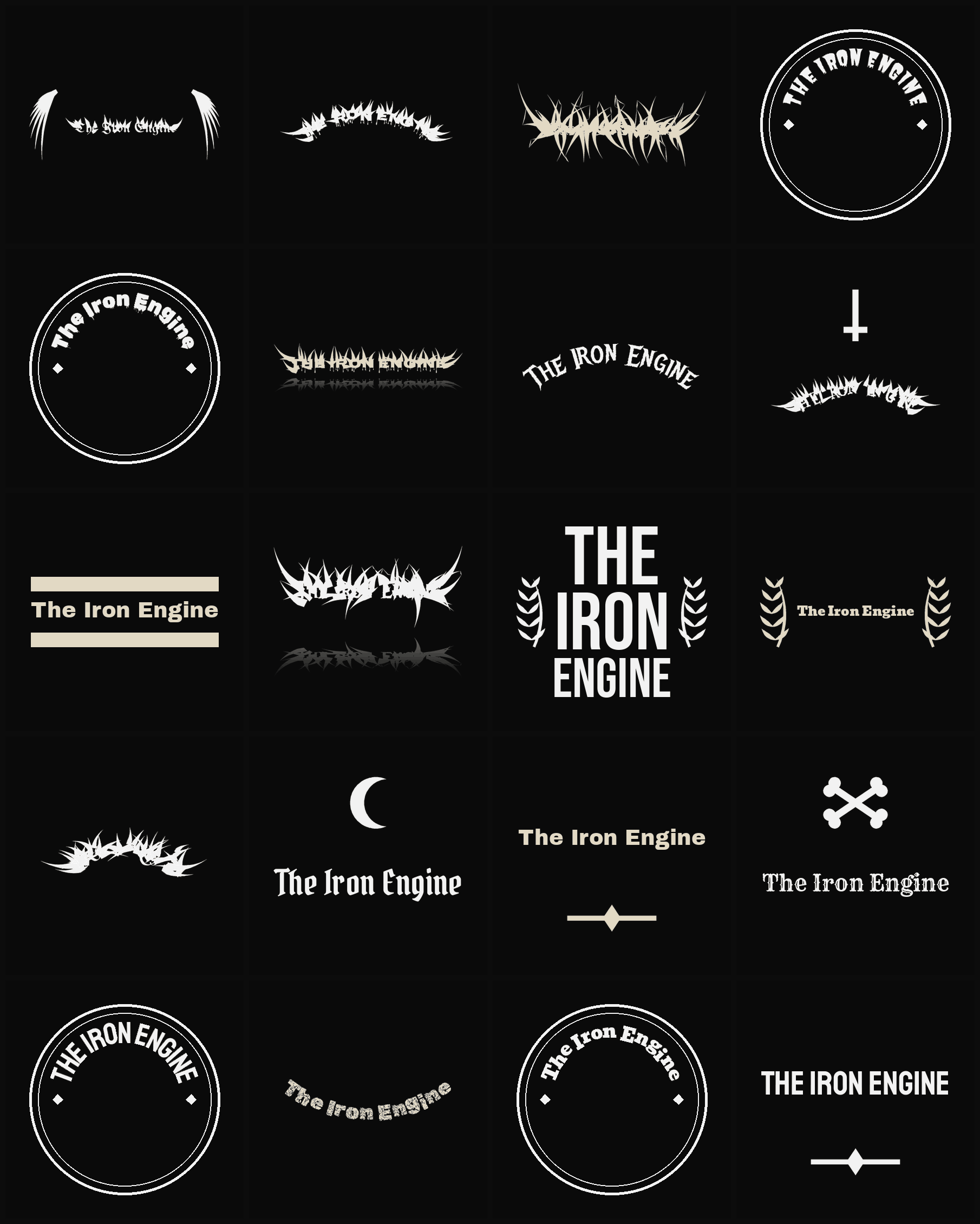 Twenty The Iron Engine band logo ideas — different faces, treatments and spike settings
