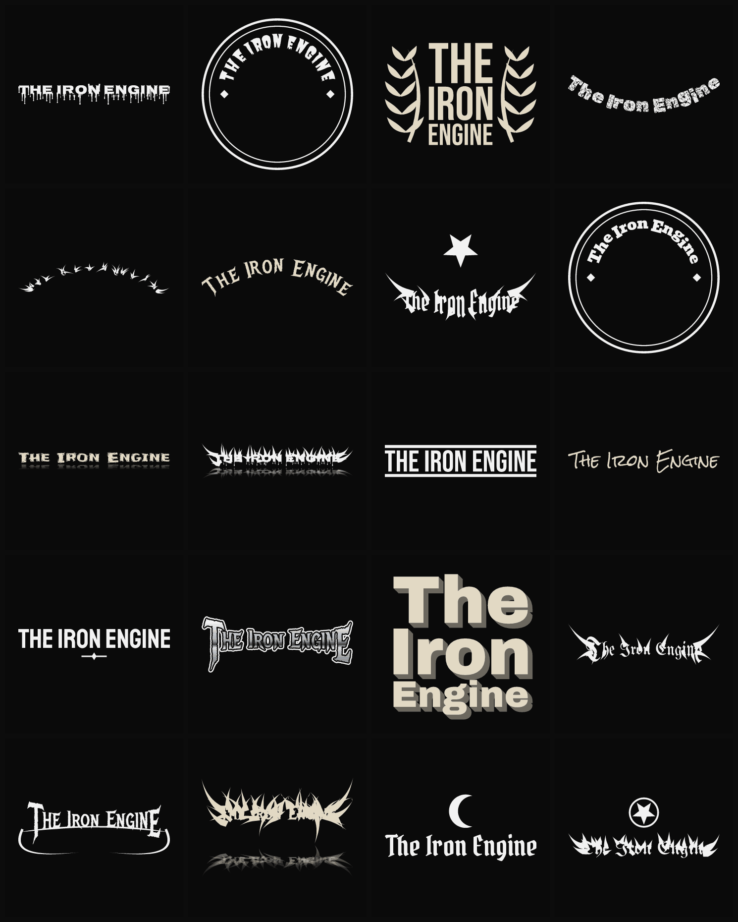 Twenty The Iron Engine band logo ideas — different faces, treatments and spike settings