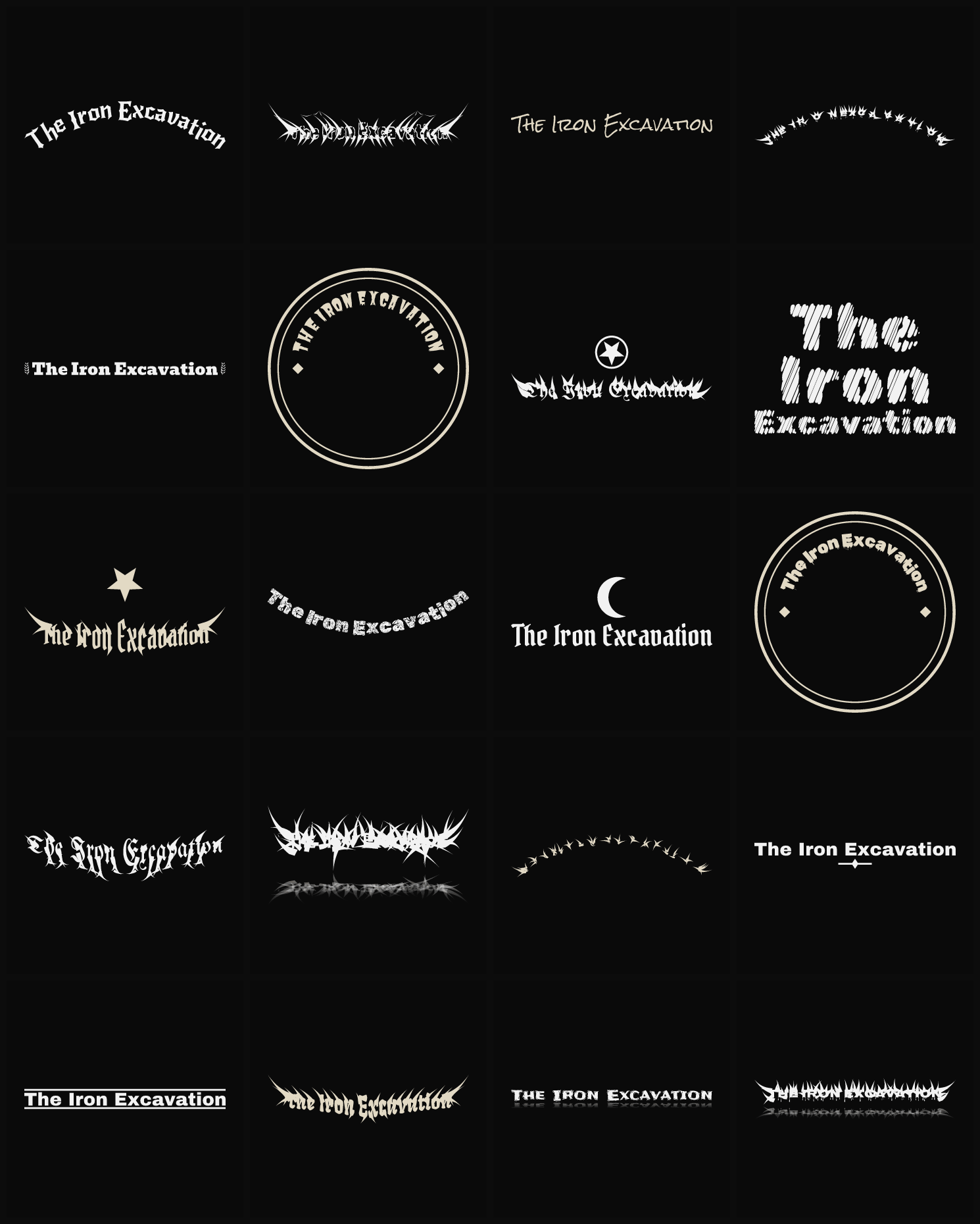 Twenty The Iron Excavation band logo ideas — different faces, treatments and spike settings