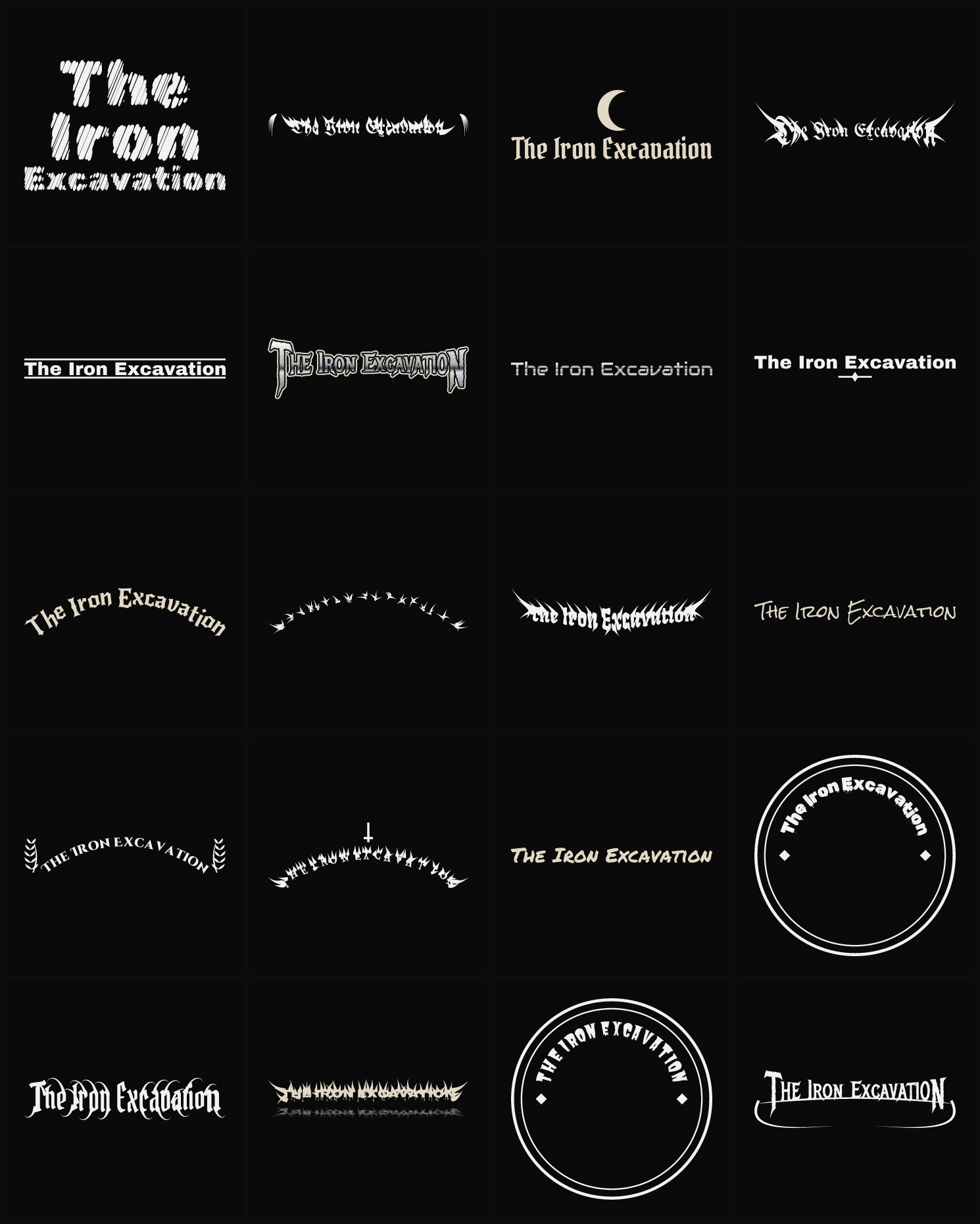 Twenty The Iron Excavation band logo ideas — different faces, treatments and spike settings