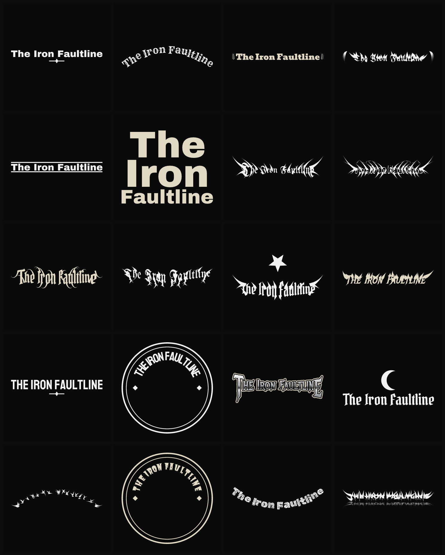 Twenty The Iron Faultline band logo ideas — different faces, treatments and spike settings