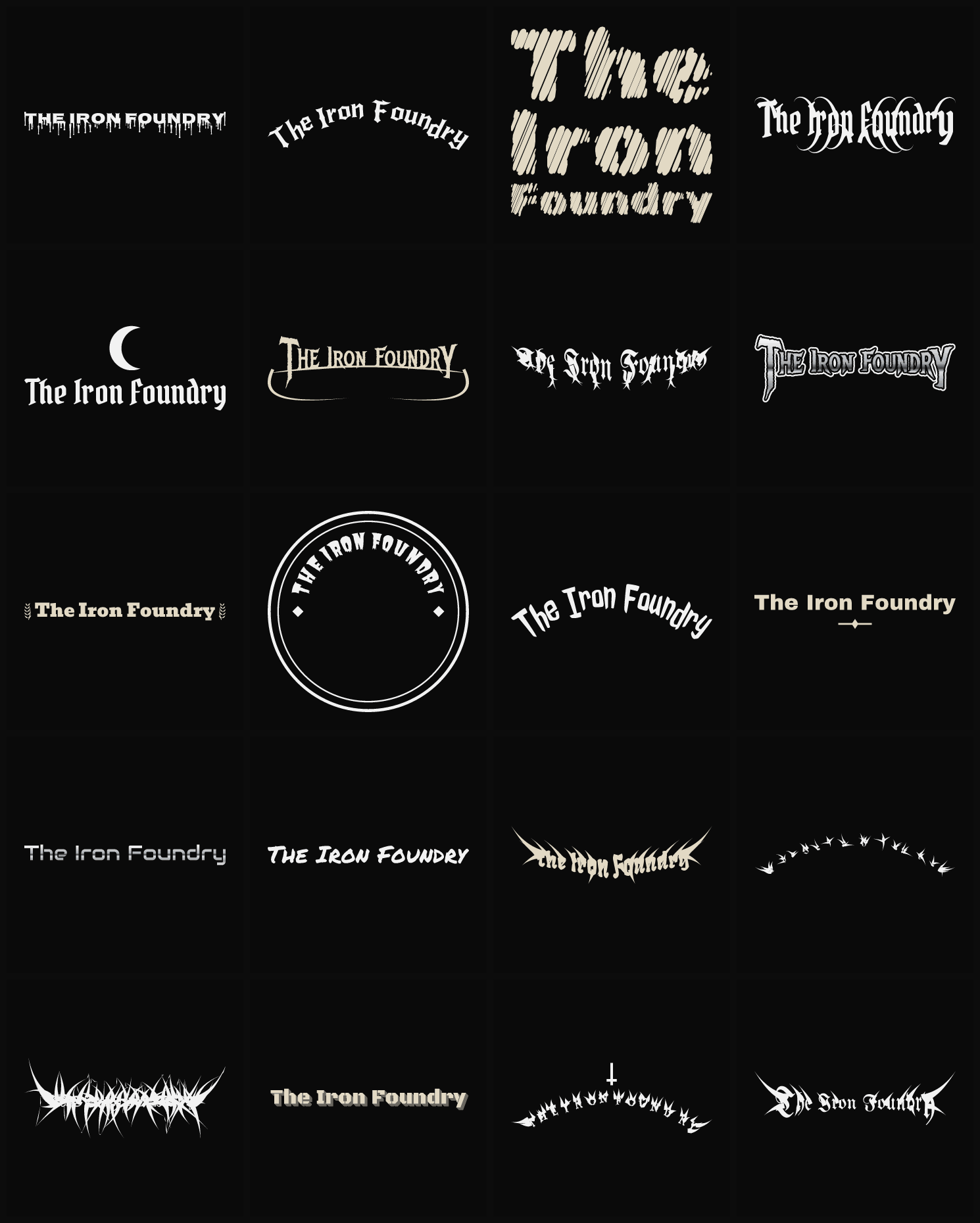 Twenty The Iron Foundry band logo ideas — different faces, treatments and spike settings