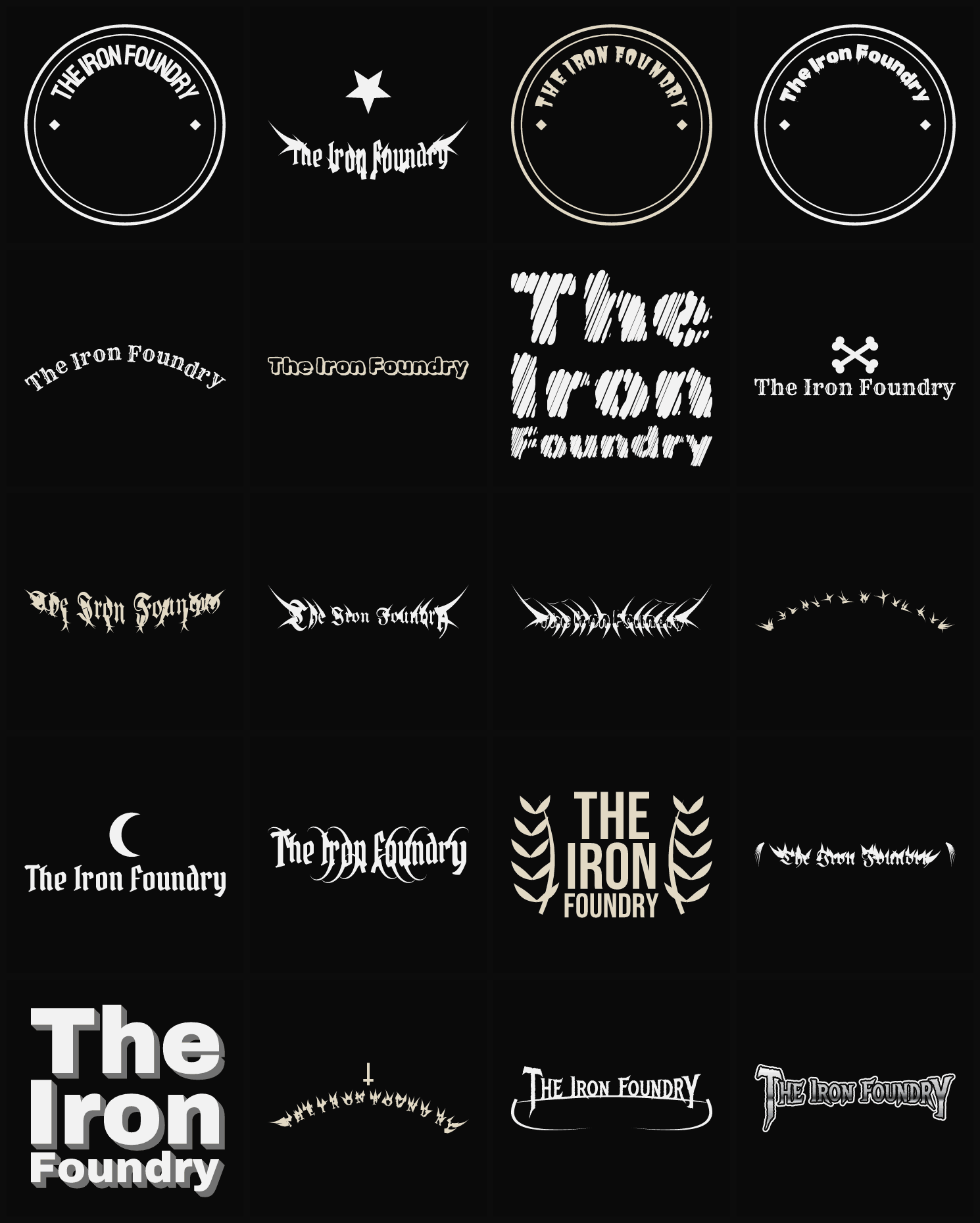 Twenty The Iron Foundry band logo ideas — different faces, treatments and spike settings