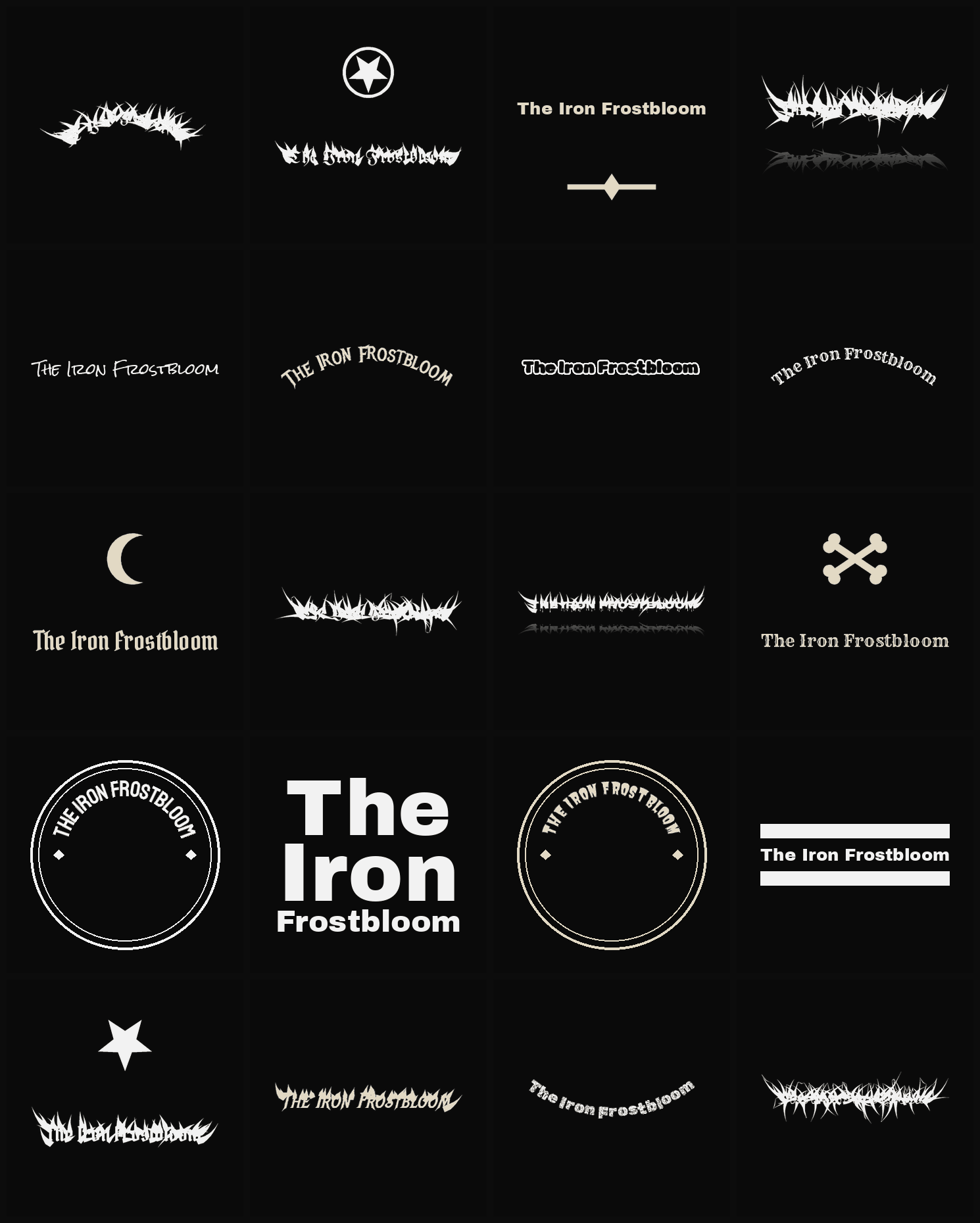Twenty The Iron Frostbloom band logo ideas — different faces, treatments and spike settings