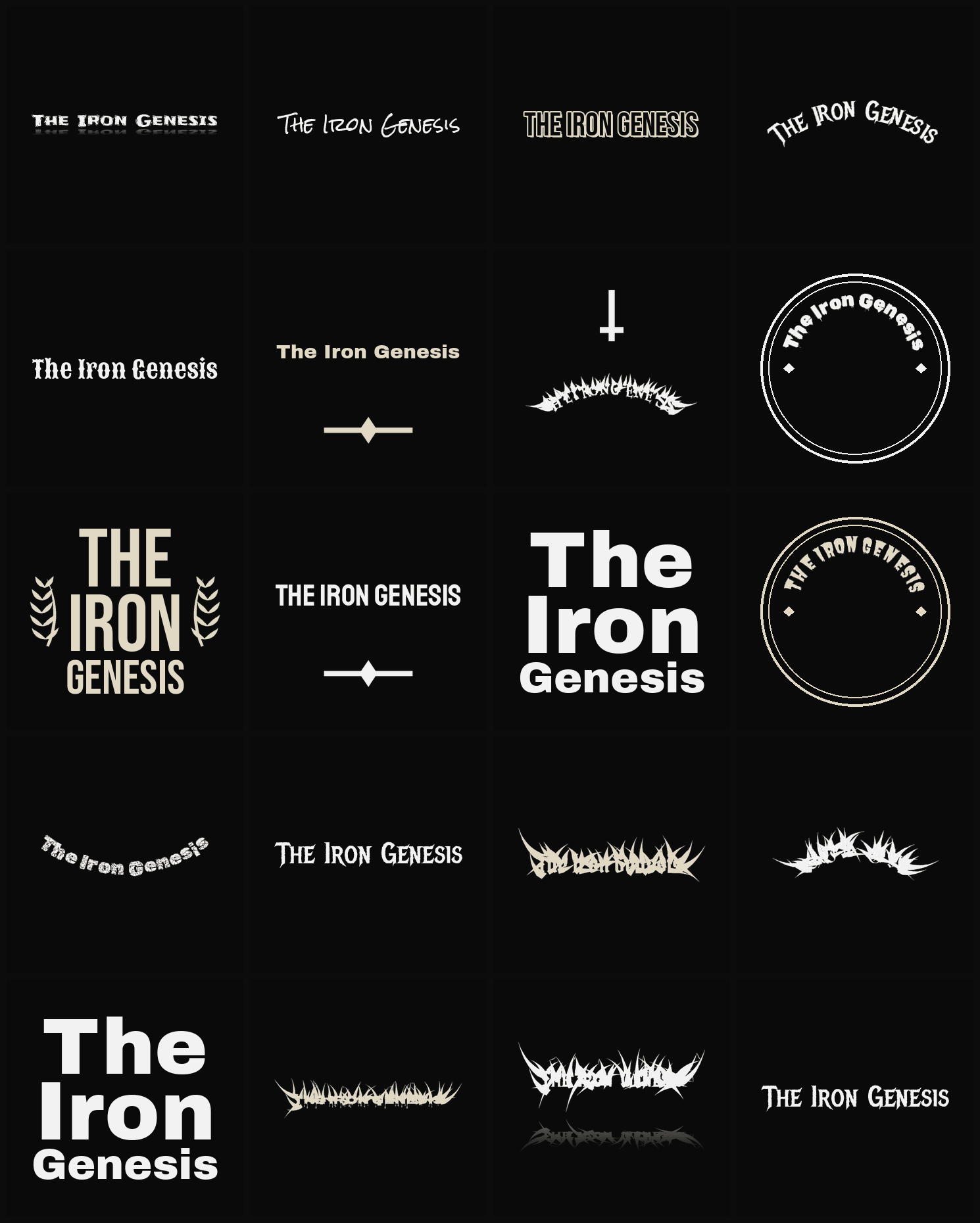 Twenty The Iron Genesis band logo ideas — different faces, treatments and spike settings