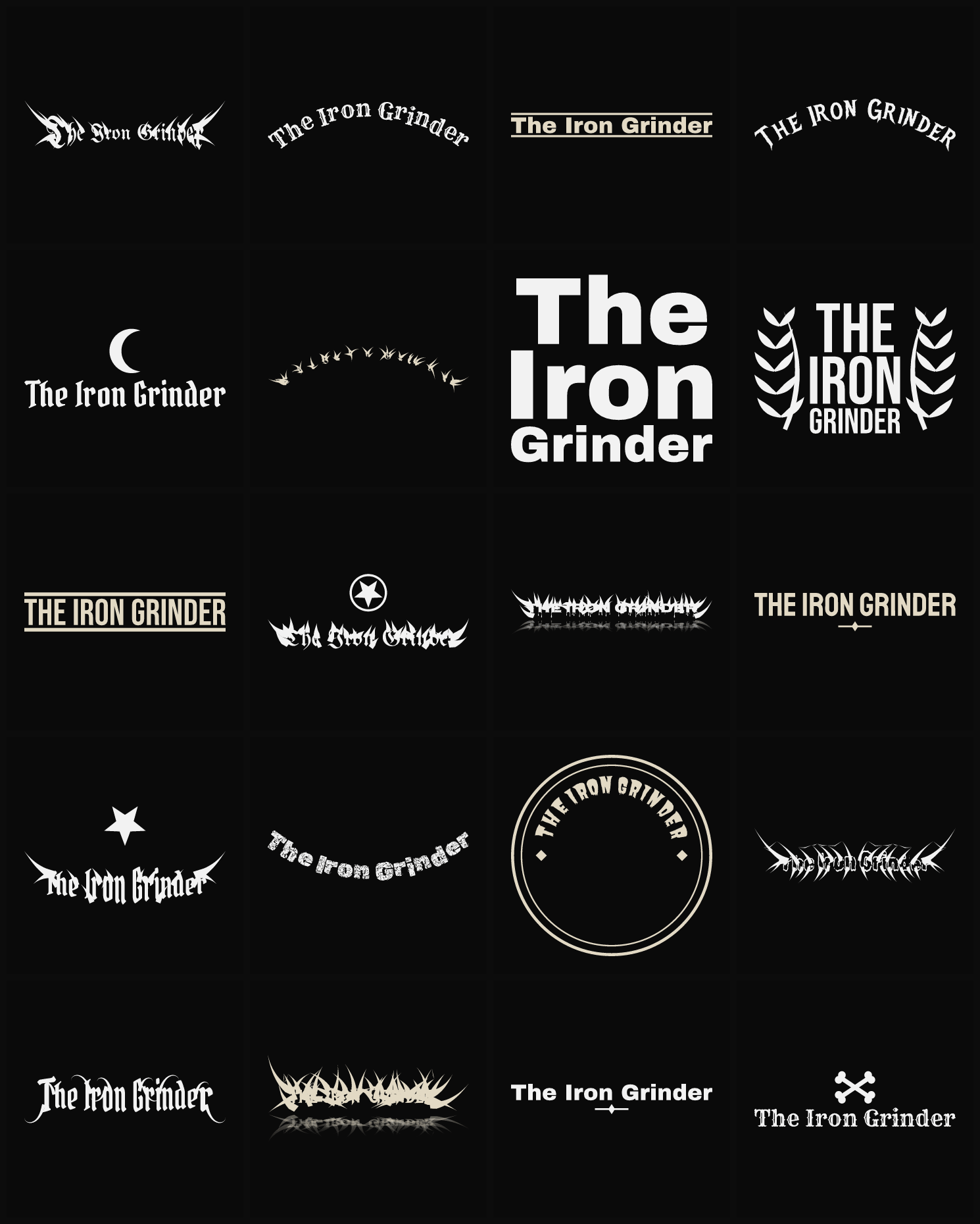 Twenty The Iron Grinder band logo ideas — different faces, treatments and spike settings