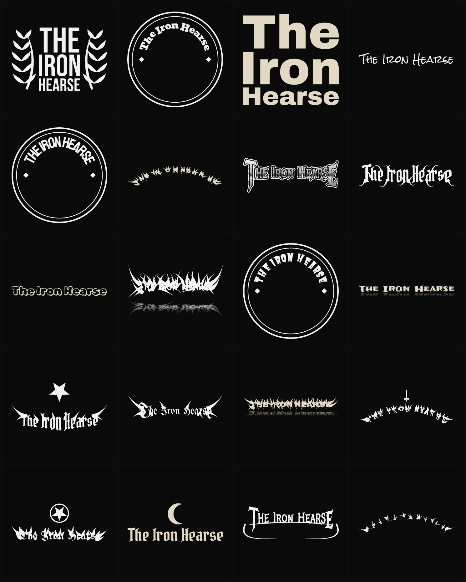 Twenty The Iron Hearse band logo ideas — different faces, treatments and spike settings