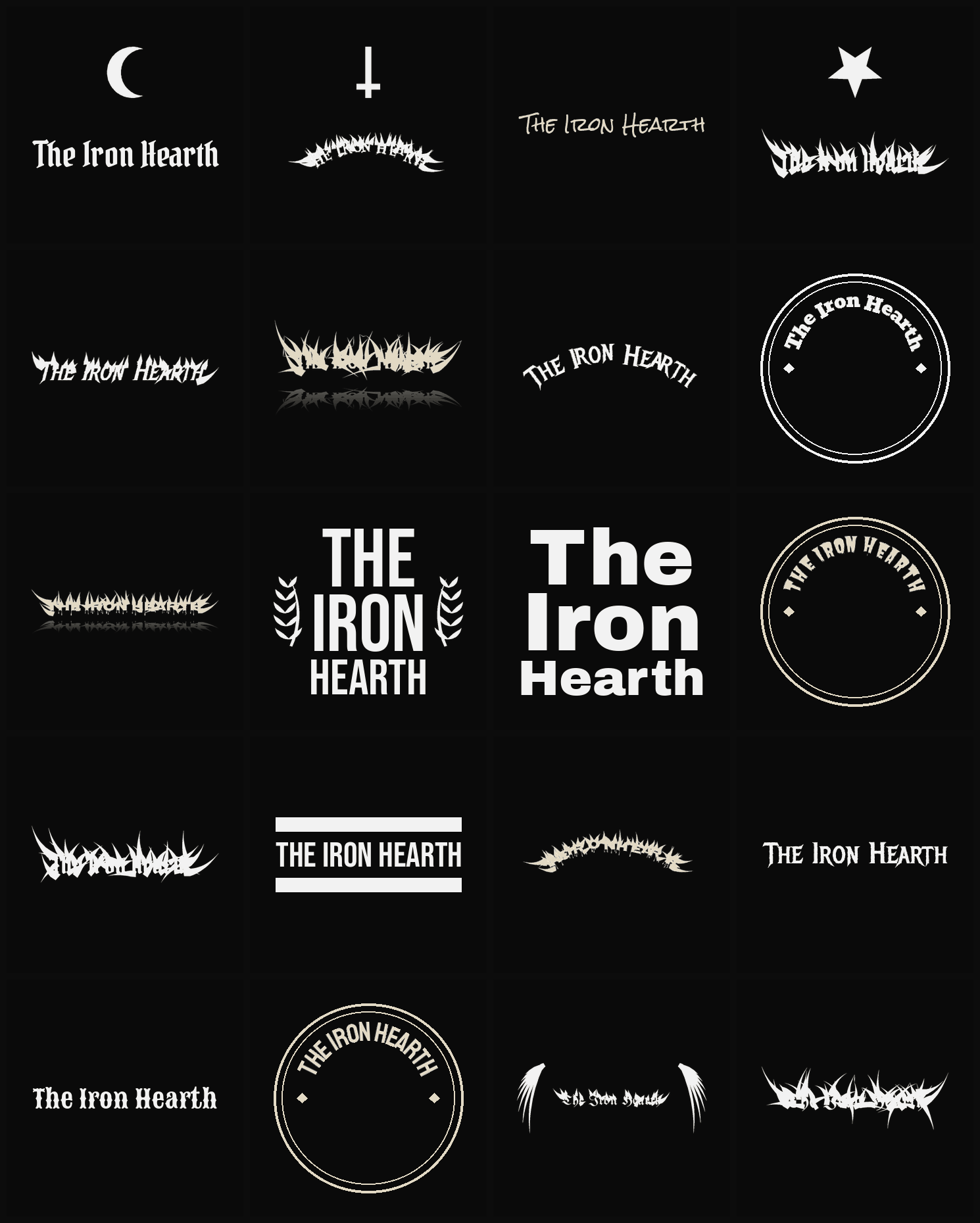 Twenty The Iron Hearth band logo ideas — different faces, treatments and spike settings
