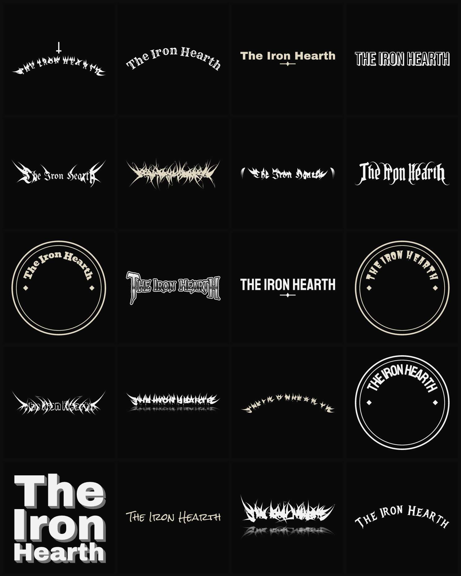 Twenty The Iron Hearth band logo ideas — different faces, treatments and spike settings