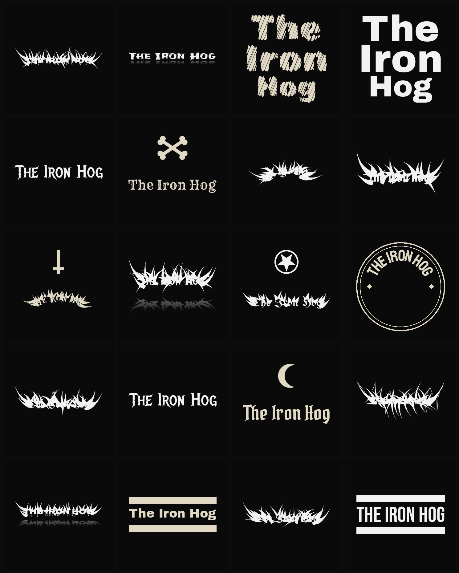 Twenty The Iron Hog band logo ideas — different faces, treatments and spike settings