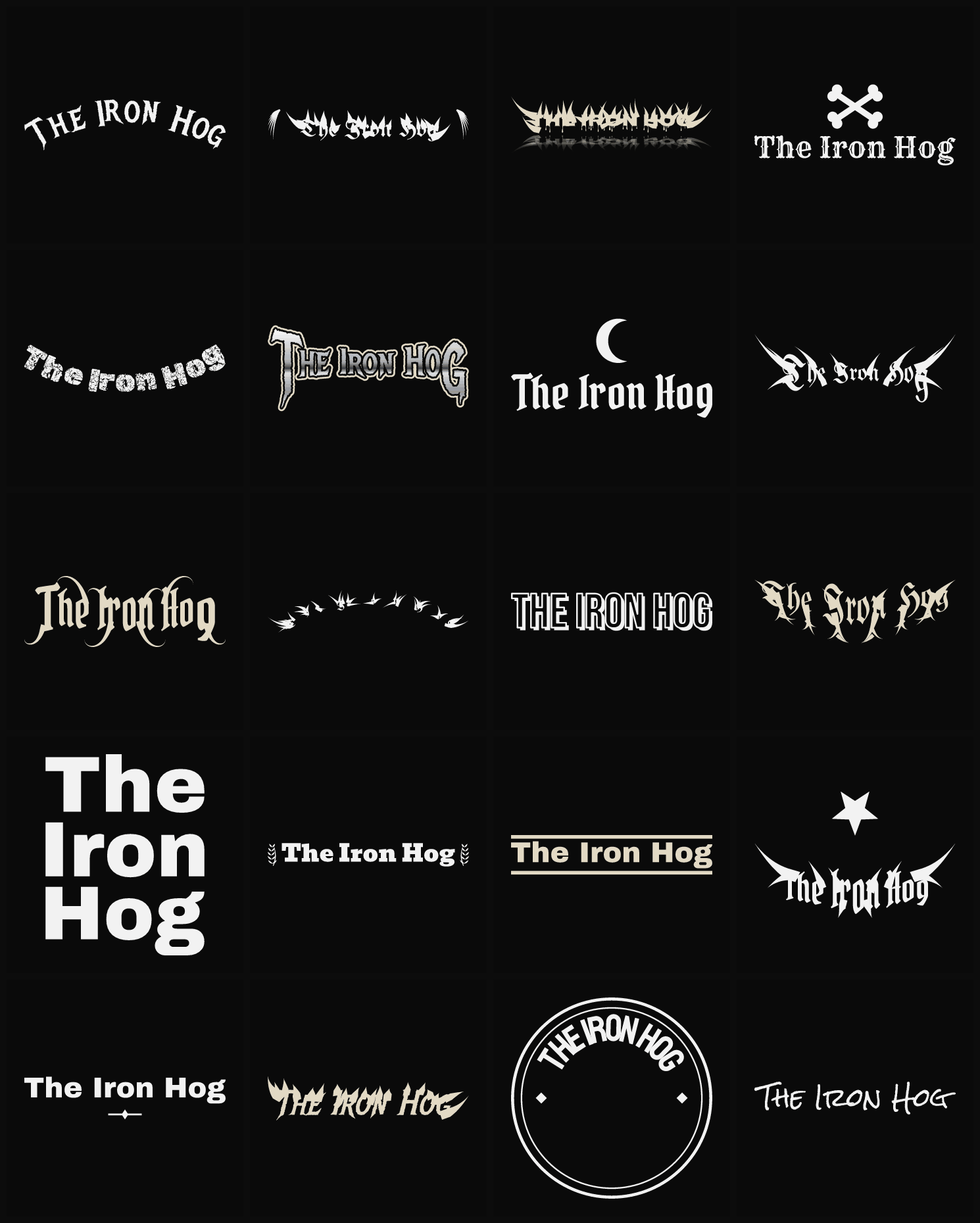 Twenty The Iron Hog band logo ideas — different faces, treatments and spike settings