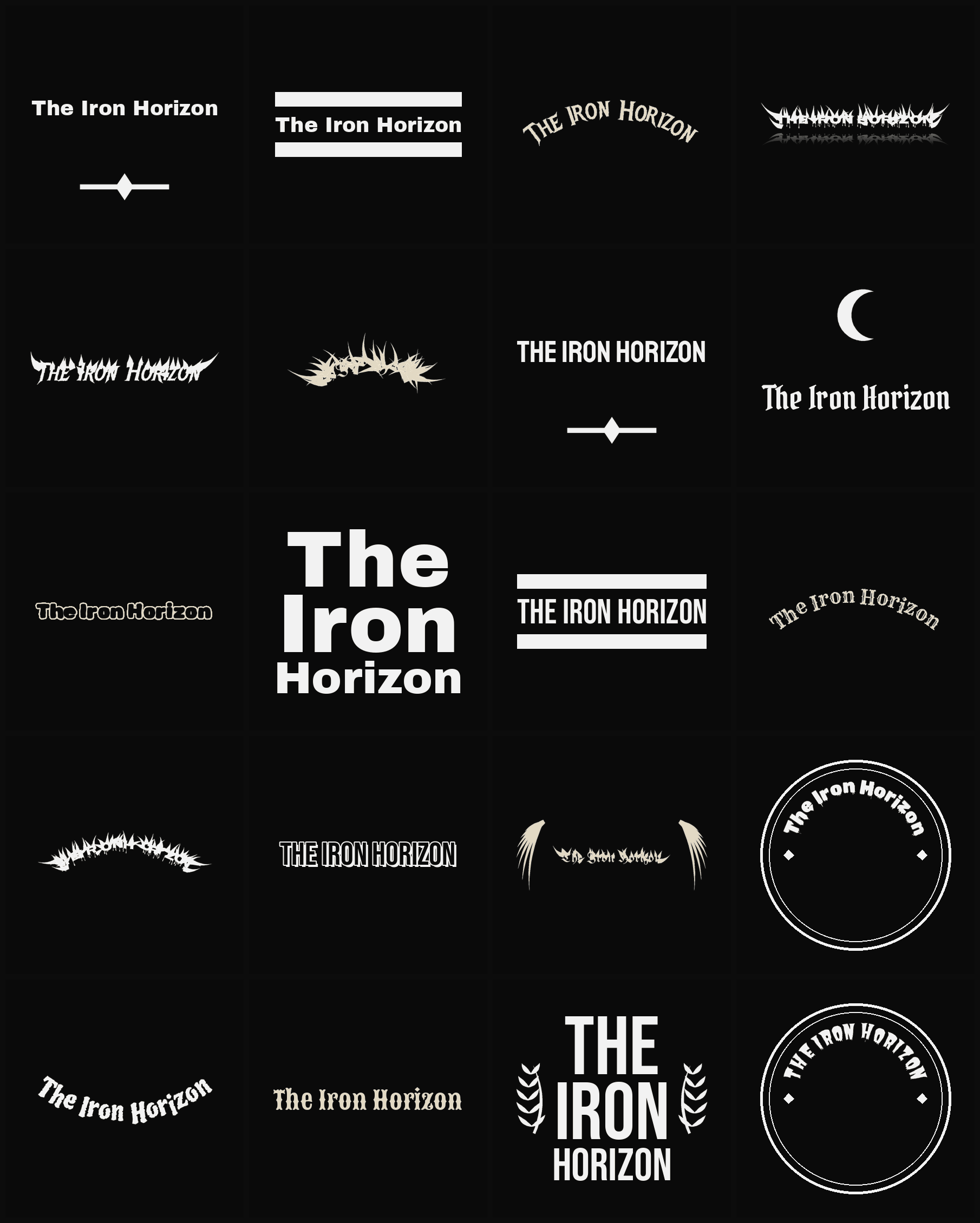 Twenty The Iron Horizon band logo ideas — different faces, treatments and spike settings