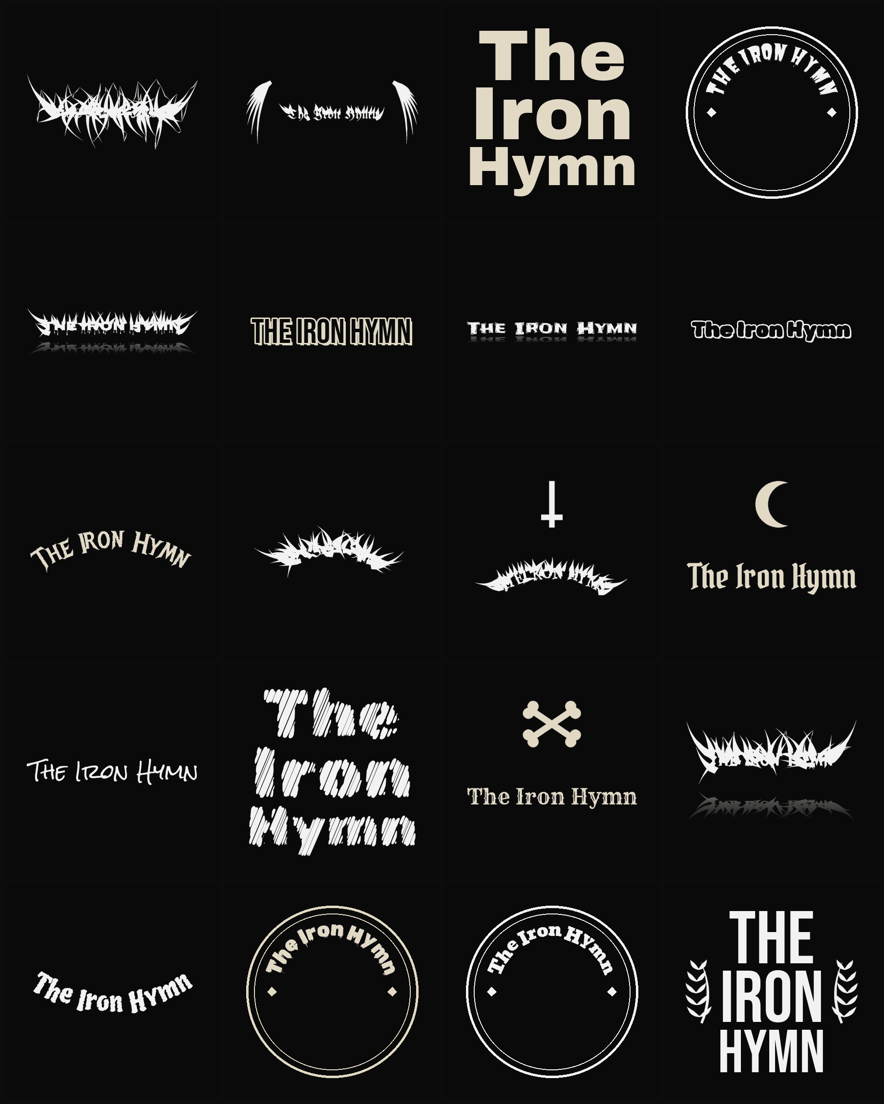 Twenty The Iron Hymn band logo ideas — different faces, treatments and spike settings