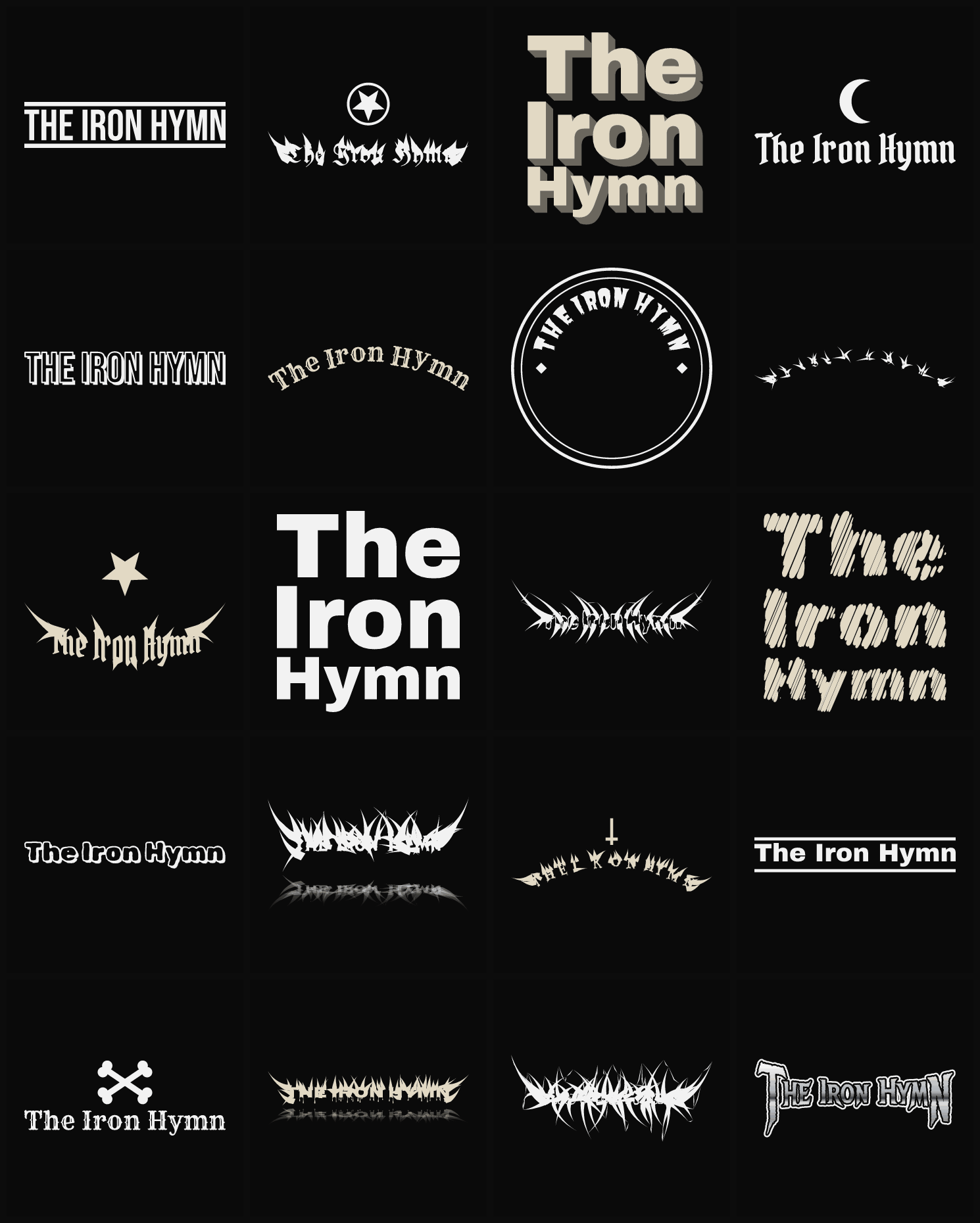 Twenty The Iron Hymn band logo ideas — different faces, treatments and spike settings