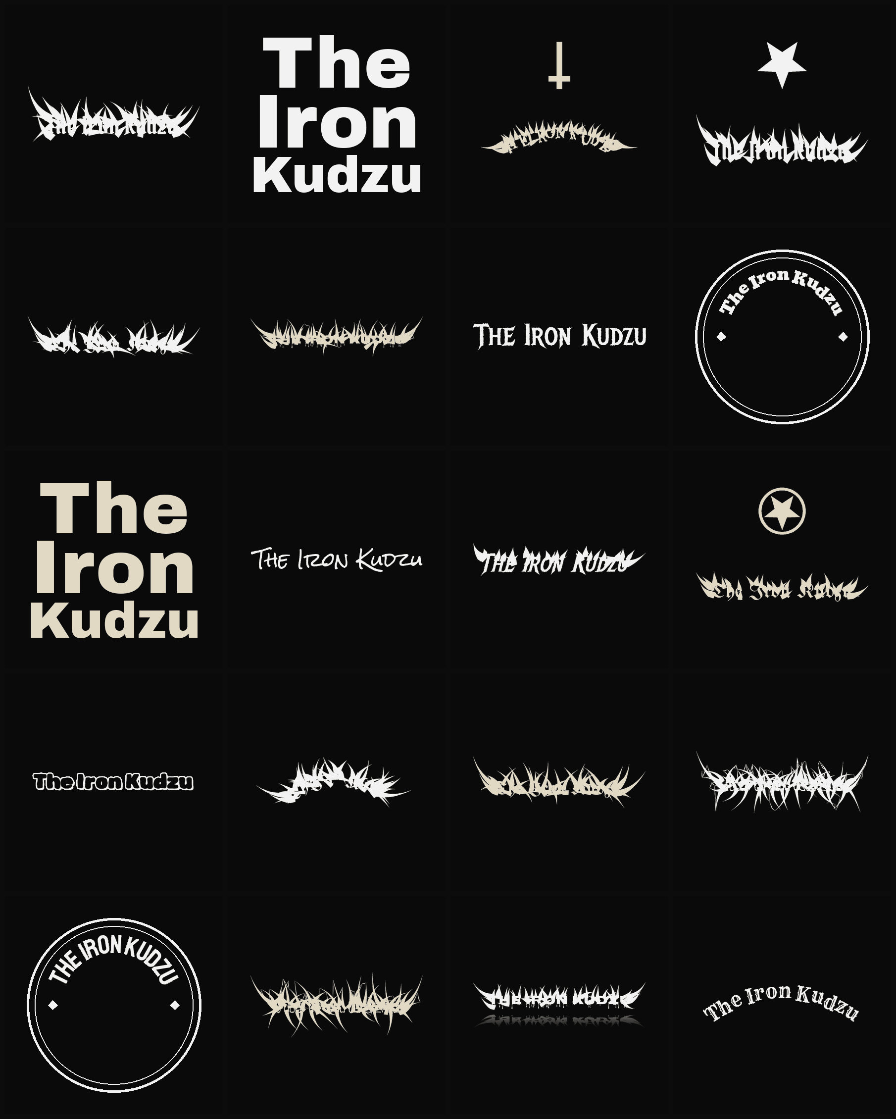 Twenty The Iron Kudzu band logo ideas — different faces, treatments and spike settings