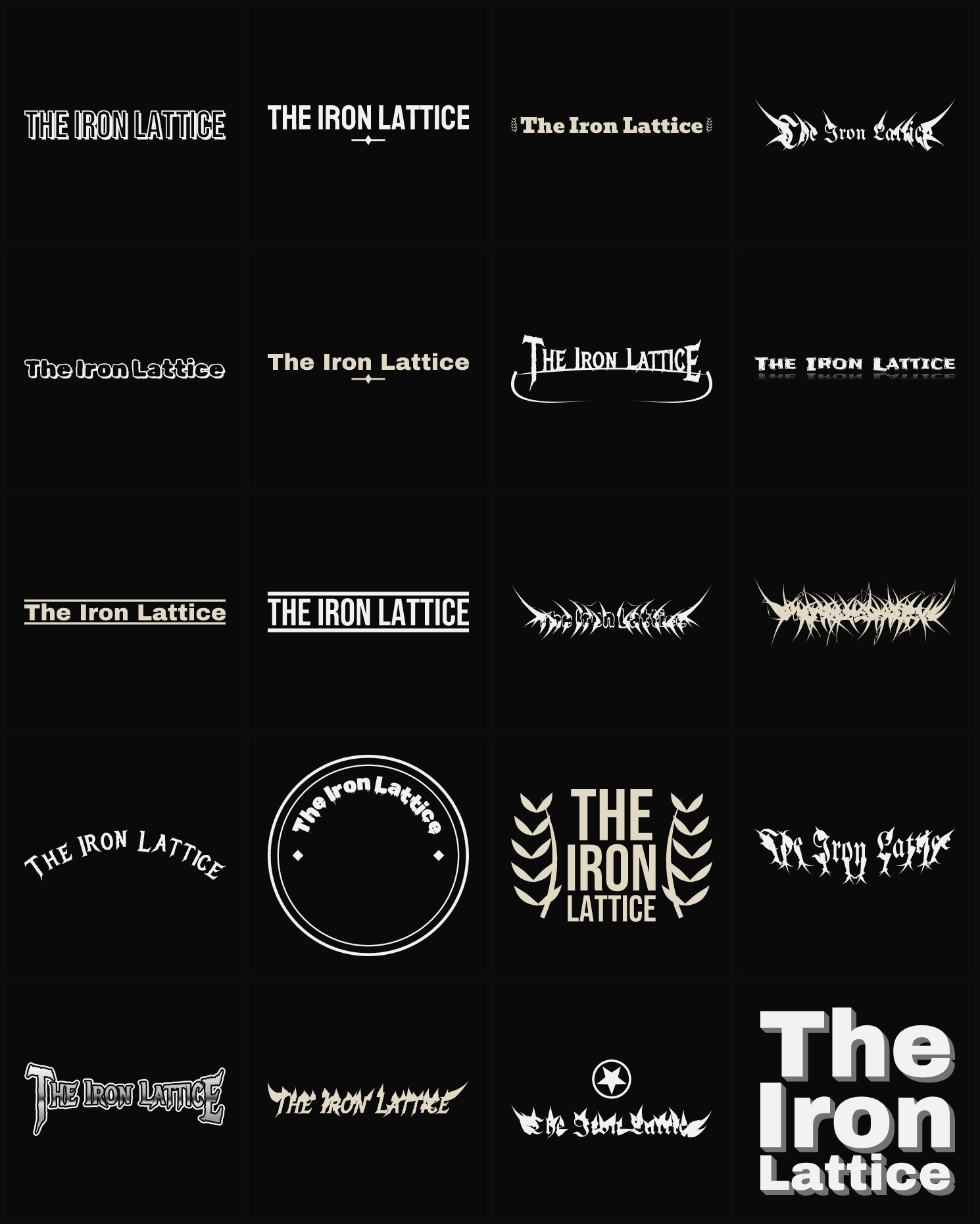 Twenty The Iron Lattice band logo ideas — different faces, treatments and spike settings
