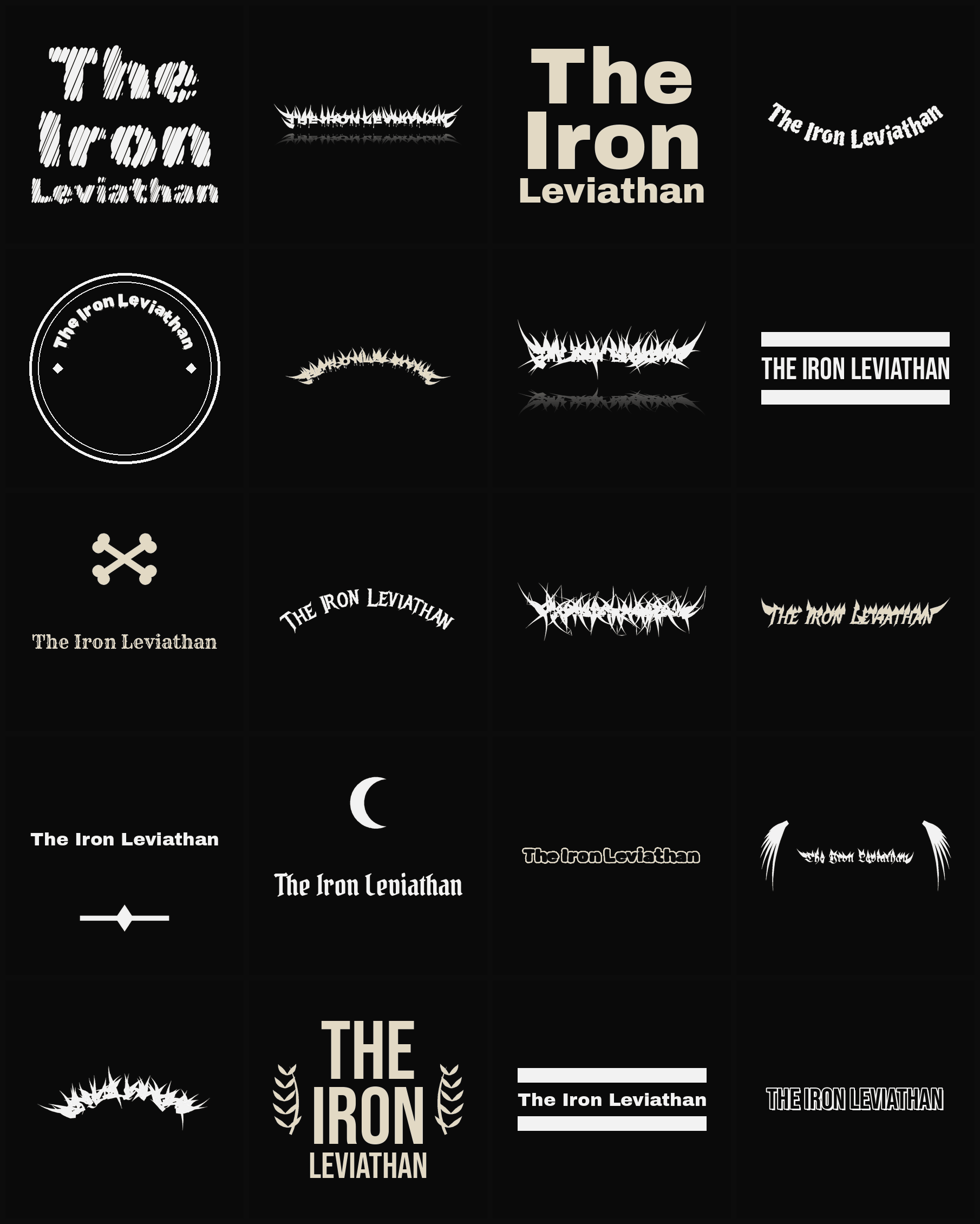 Twenty The Iron Leviathan band logo ideas — different faces, treatments and spike settings