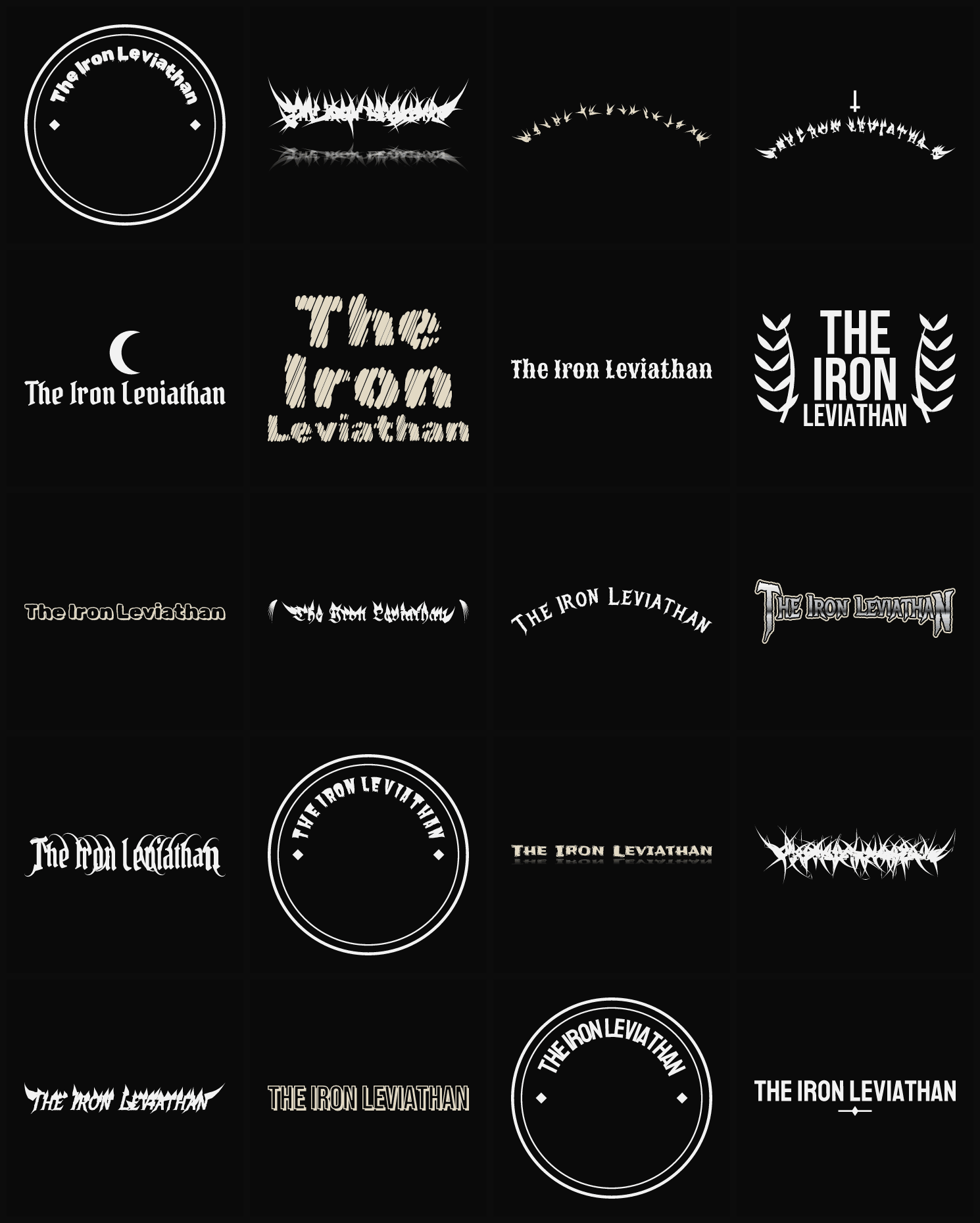 Twenty The Iron Leviathan band logo ideas — different faces, treatments and spike settings