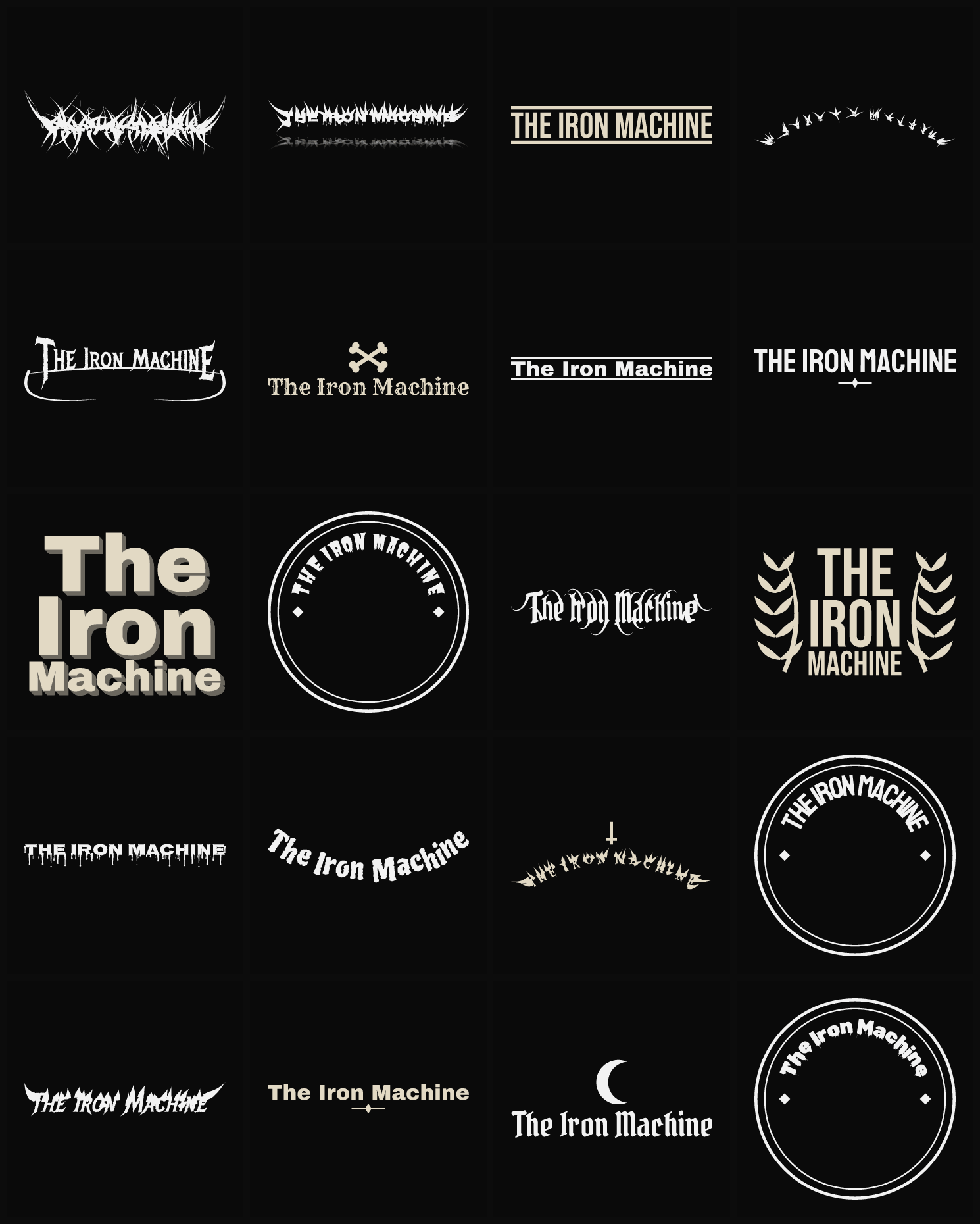 Twenty The Iron Machine band logo ideas — different faces, treatments and spike settings