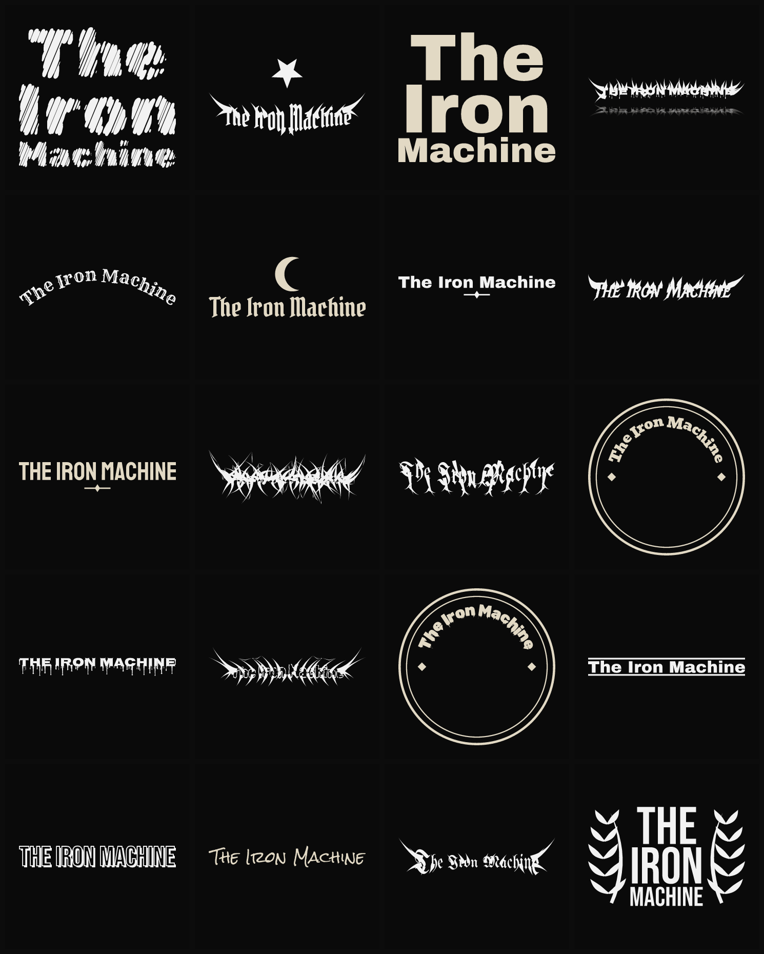 Twenty The Iron Machine band logo ideas — different faces, treatments and spike settings