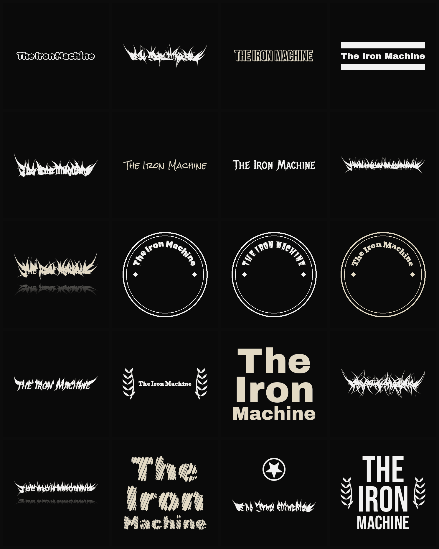 Twenty The Iron Machine band logo ideas — different faces, treatments and spike settings
