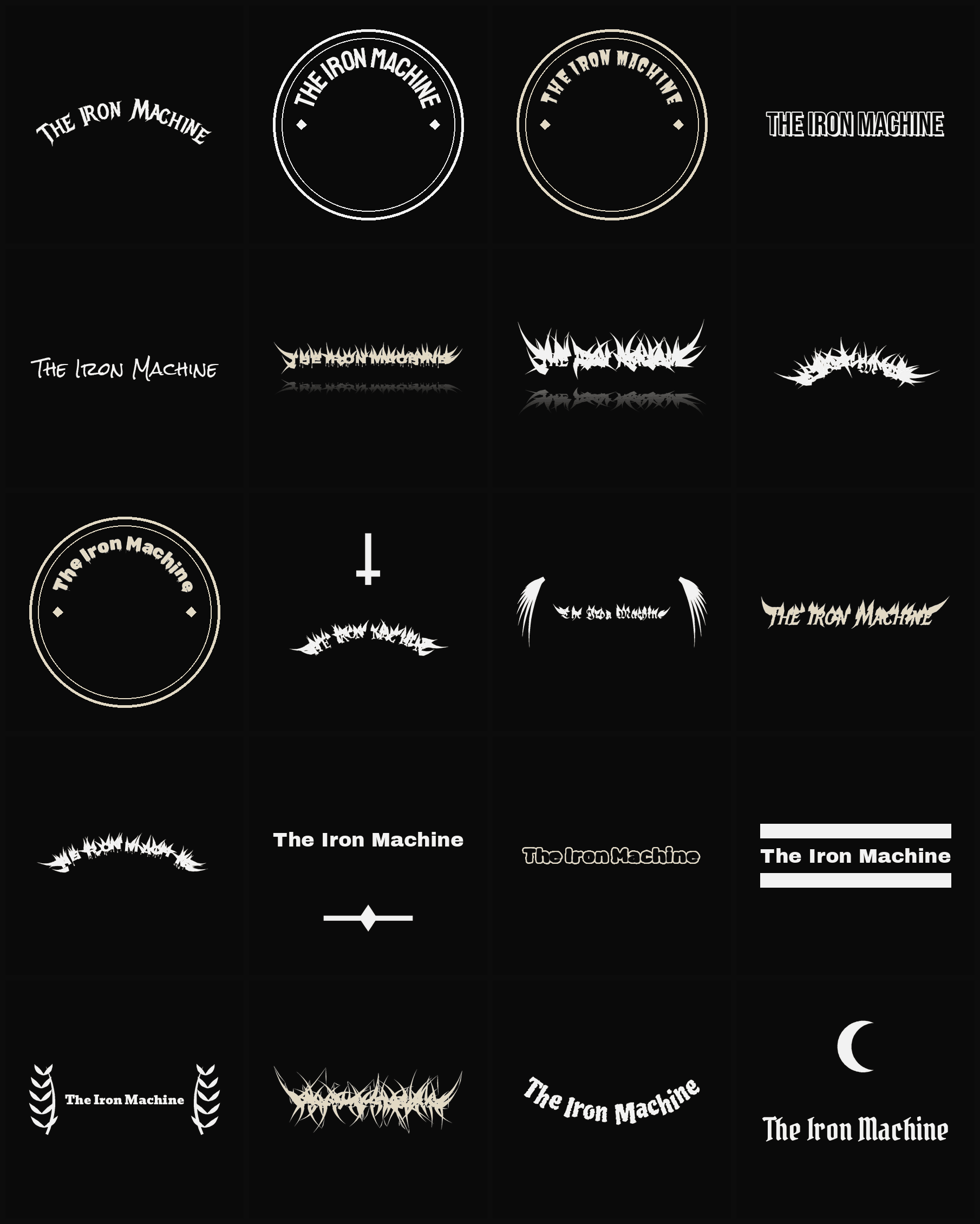Twenty The Iron Machine band logo ideas — different faces, treatments and spike settings
