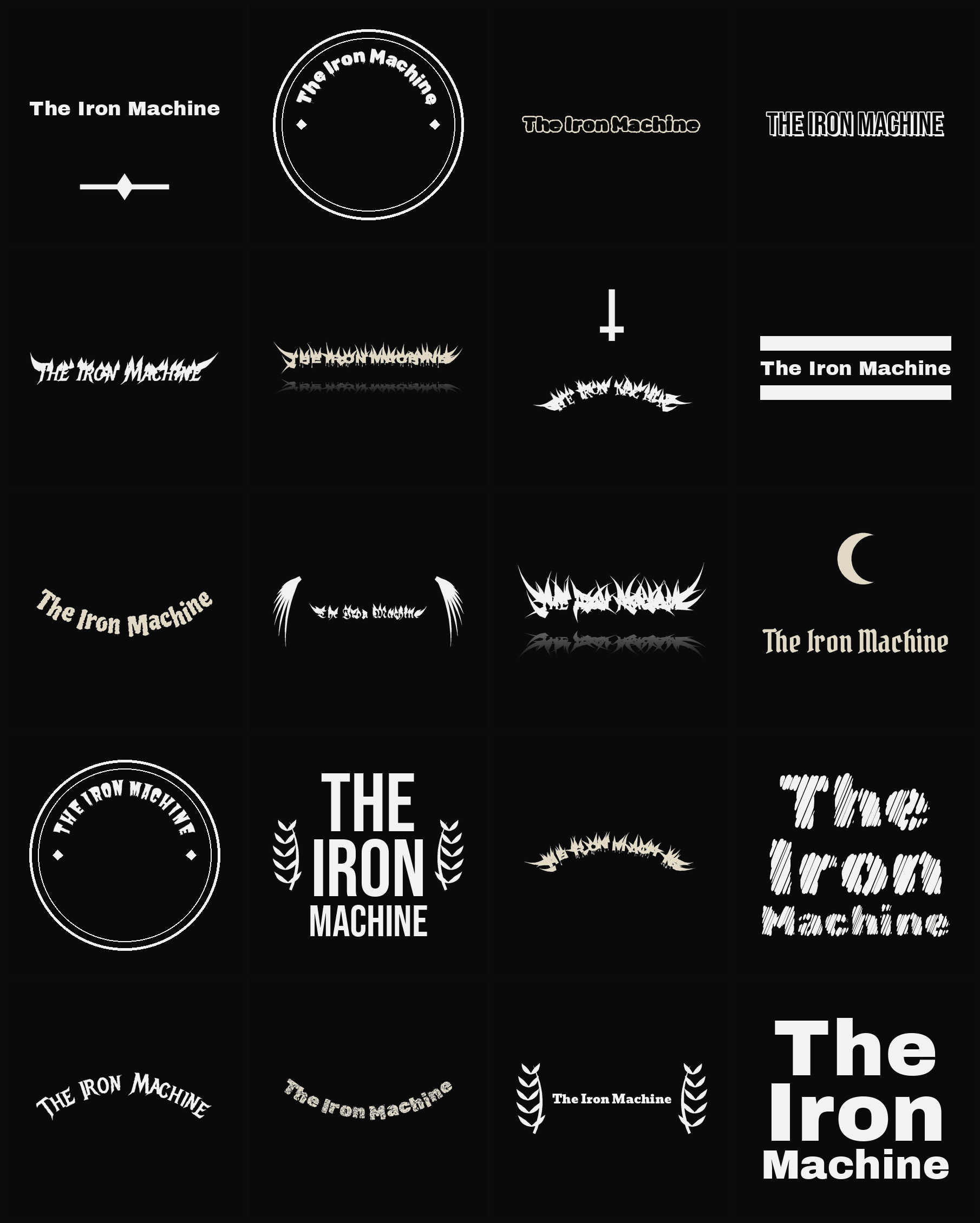 Twenty The Iron Machine band logo ideas — different faces, treatments and spike settings