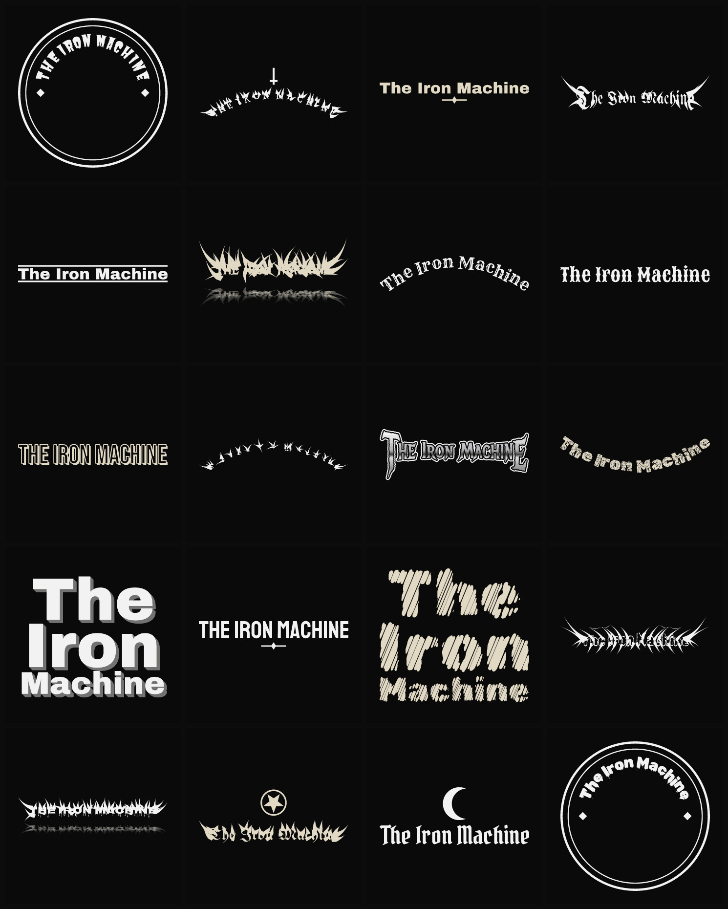 Twenty The Iron Machine band logo ideas — different faces, treatments and spike settings
