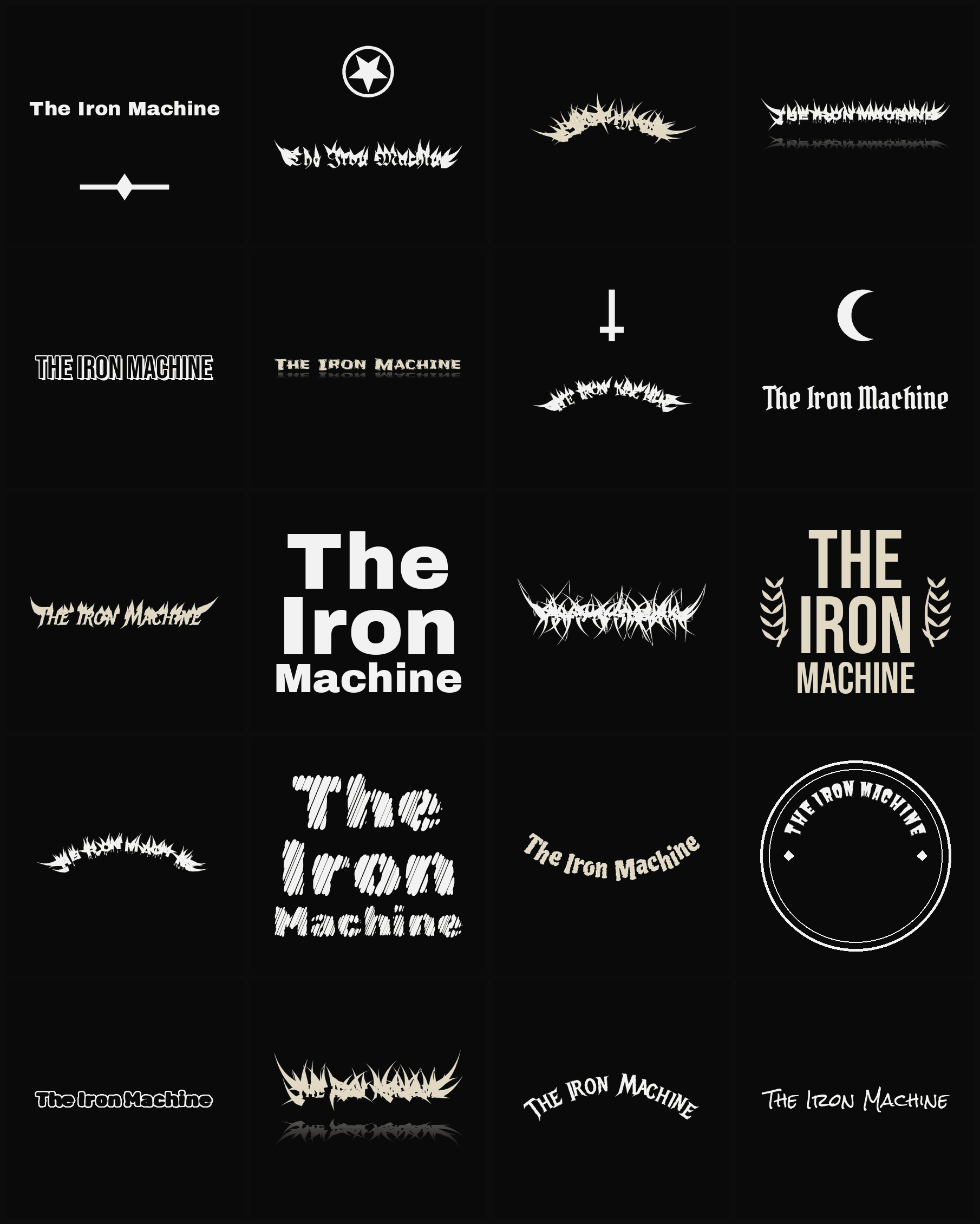 Twenty The Iron Machine band logo ideas — different faces, treatments and spike settings