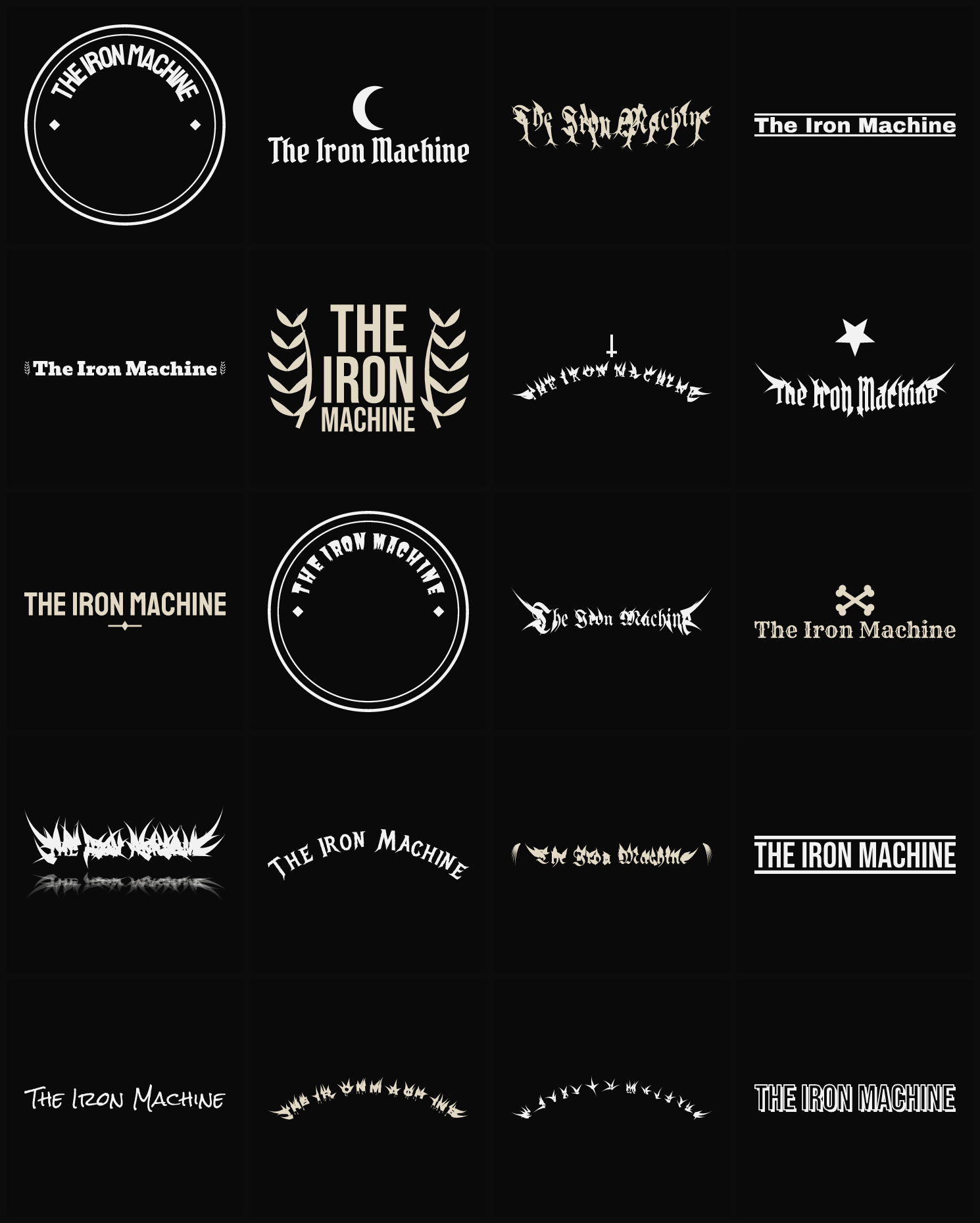 Twenty The Iron Machine band logo ideas — different faces, treatments and spike settings