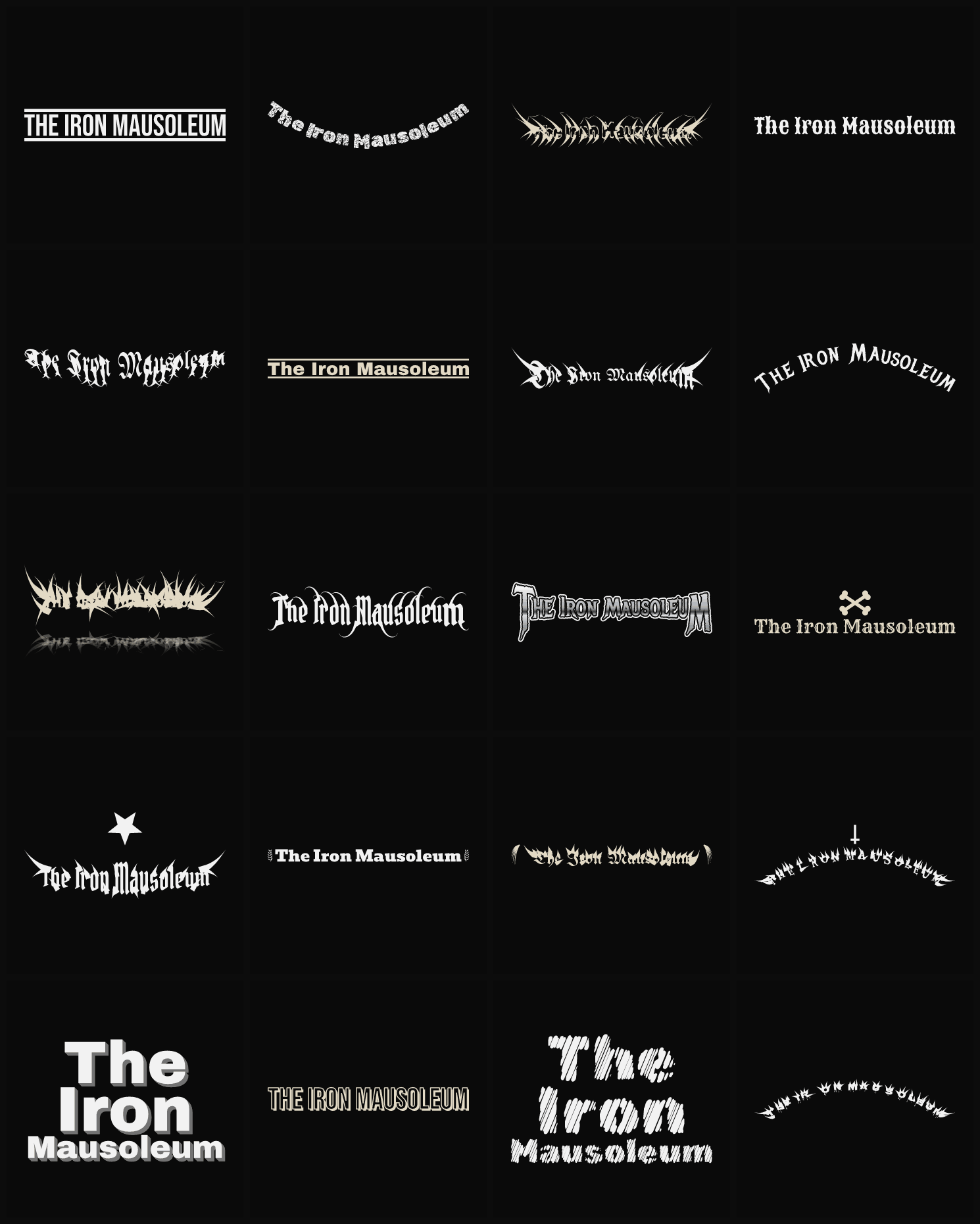 Twenty The Iron Mausoleum band logo ideas — different faces, treatments and spike settings