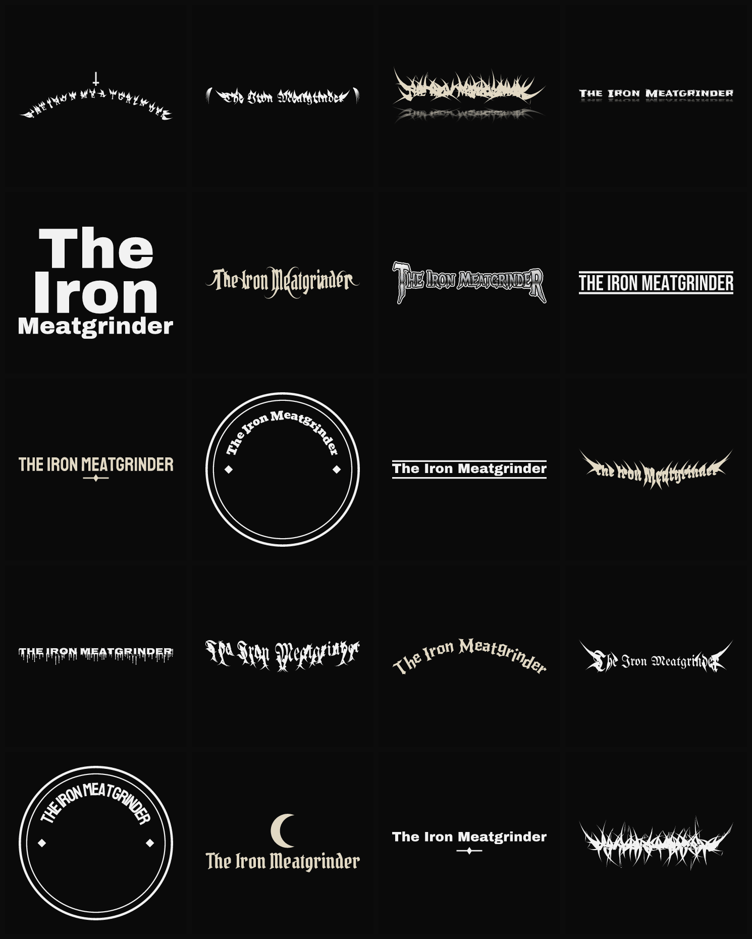 Twenty The Iron Meatgrinder band logo ideas — different faces, treatments and spike settings