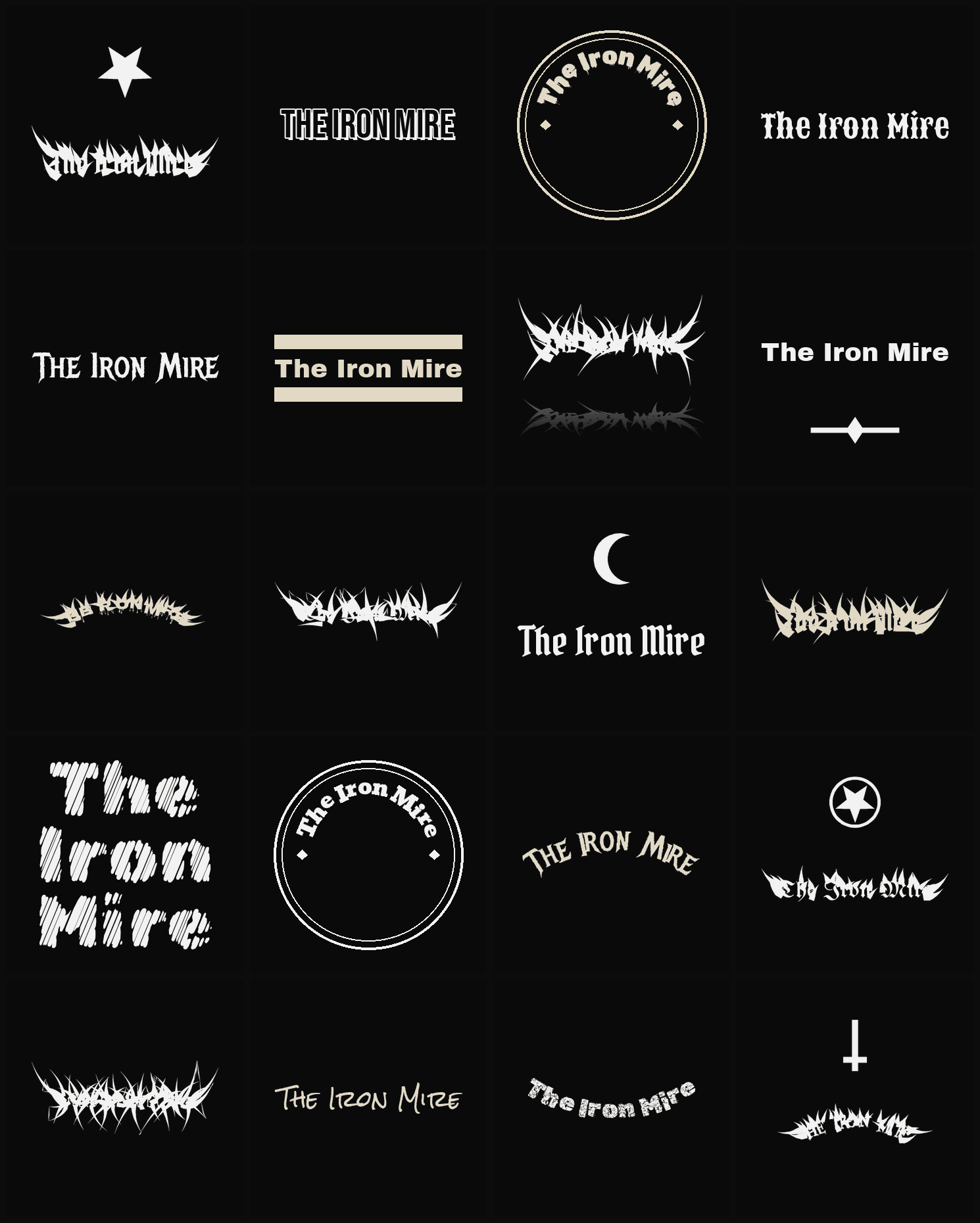 Twenty The Iron Mire band logo ideas — different faces, treatments and spike settings