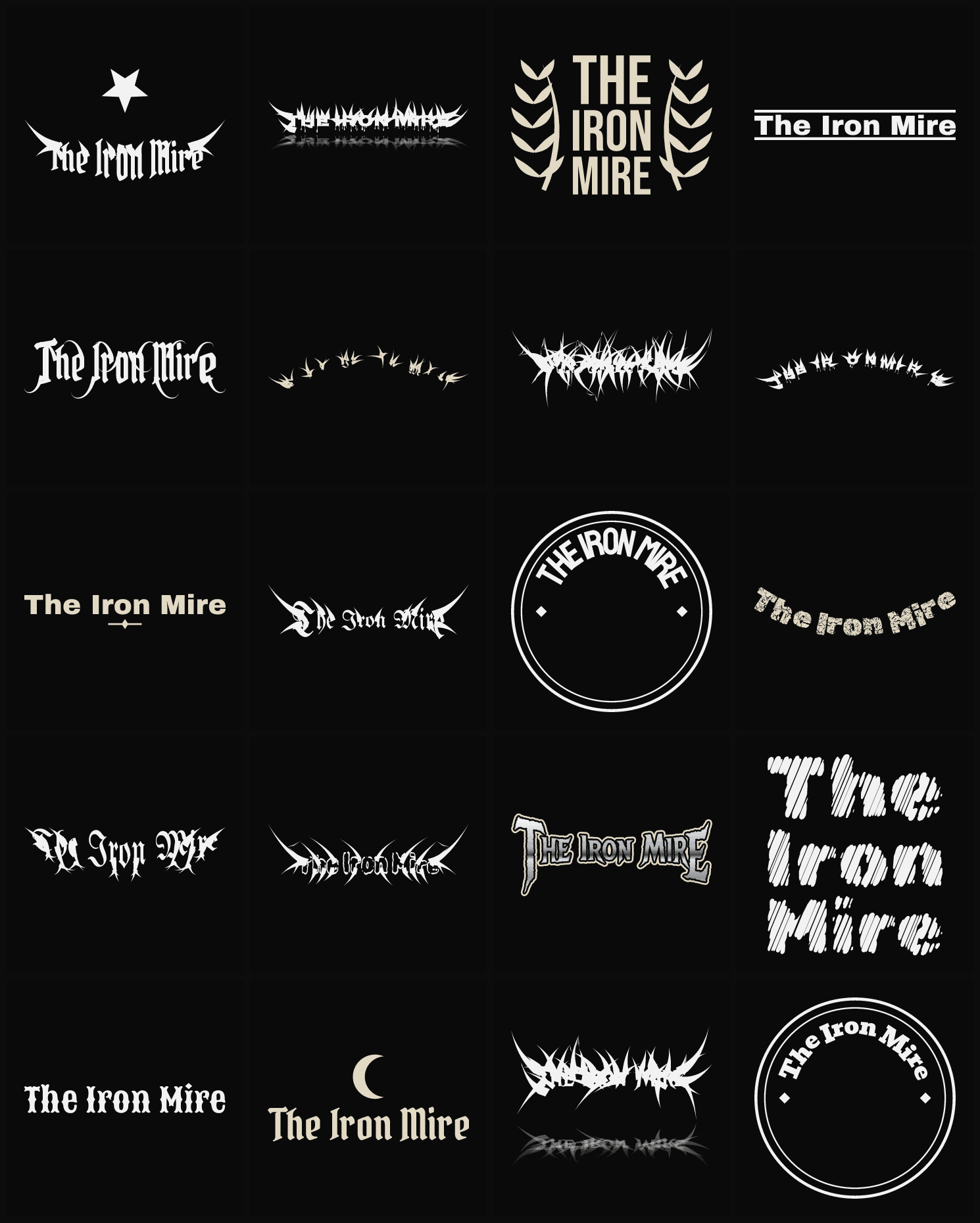 Twenty The Iron Mire band logo ideas — different faces, treatments and spike settings