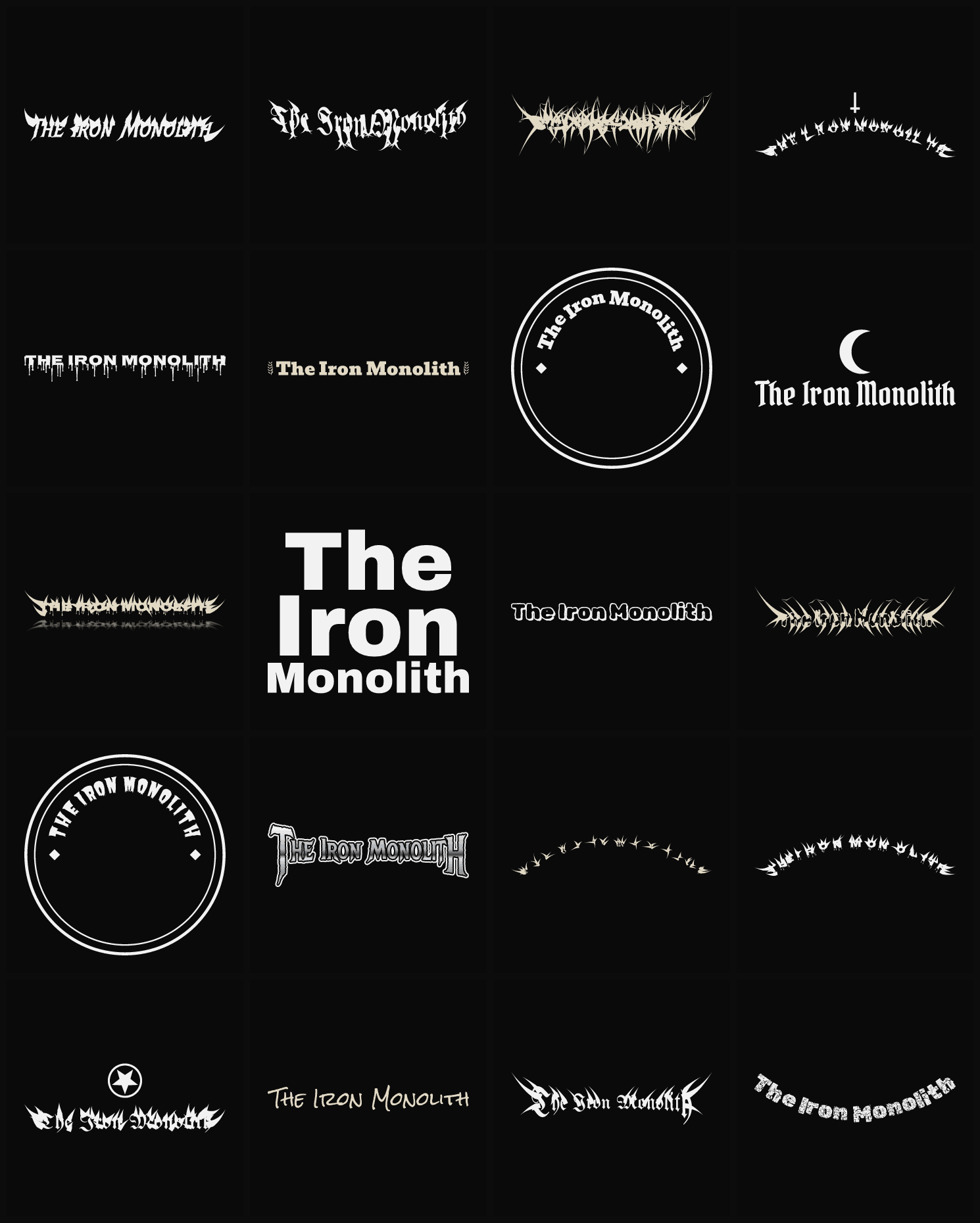 Twenty The Iron Monolith band logo ideas — different faces, treatments and spike settings