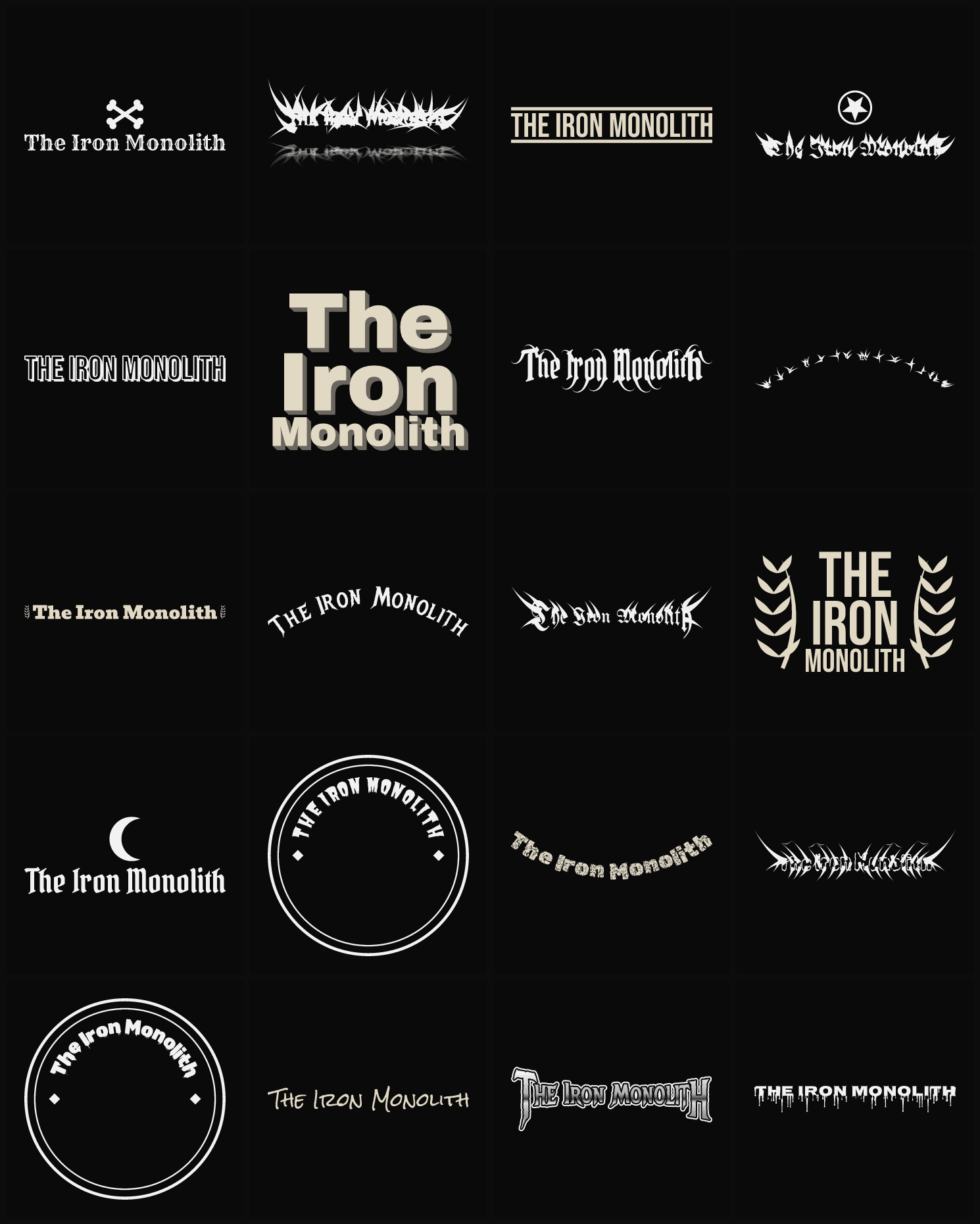 Twenty The Iron Monolith band logo ideas — different faces, treatments and spike settings