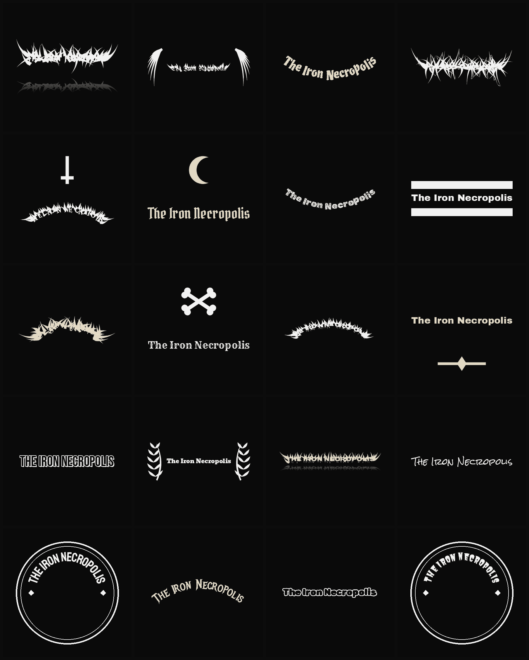 Twenty The Iron Necropolis band logo ideas — different faces, treatments and spike settings