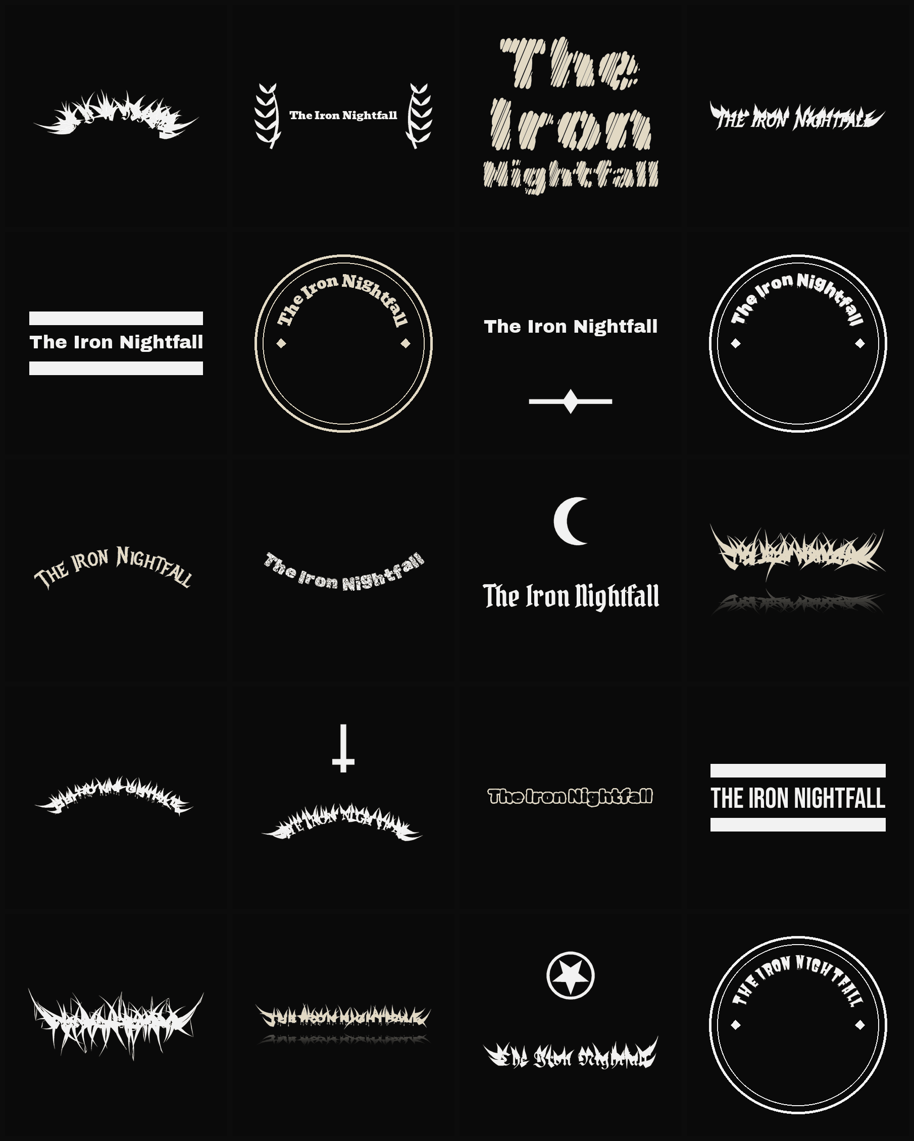Twenty The Iron Nightfall band logo ideas — different faces, treatments and spike settings