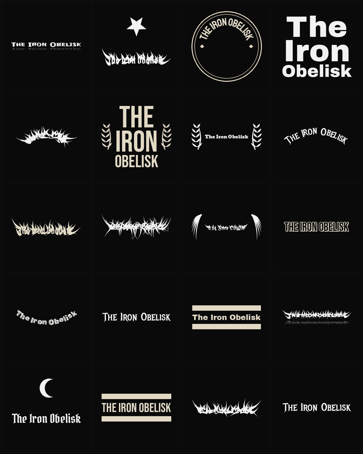 Twenty The Iron Obelisk band logo ideas — different faces, treatments and spike settings