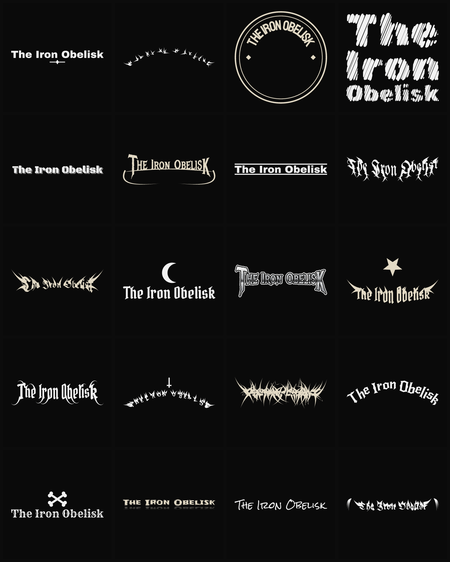 Twenty The Iron Obelisk band logo ideas — different faces, treatments and spike settings
