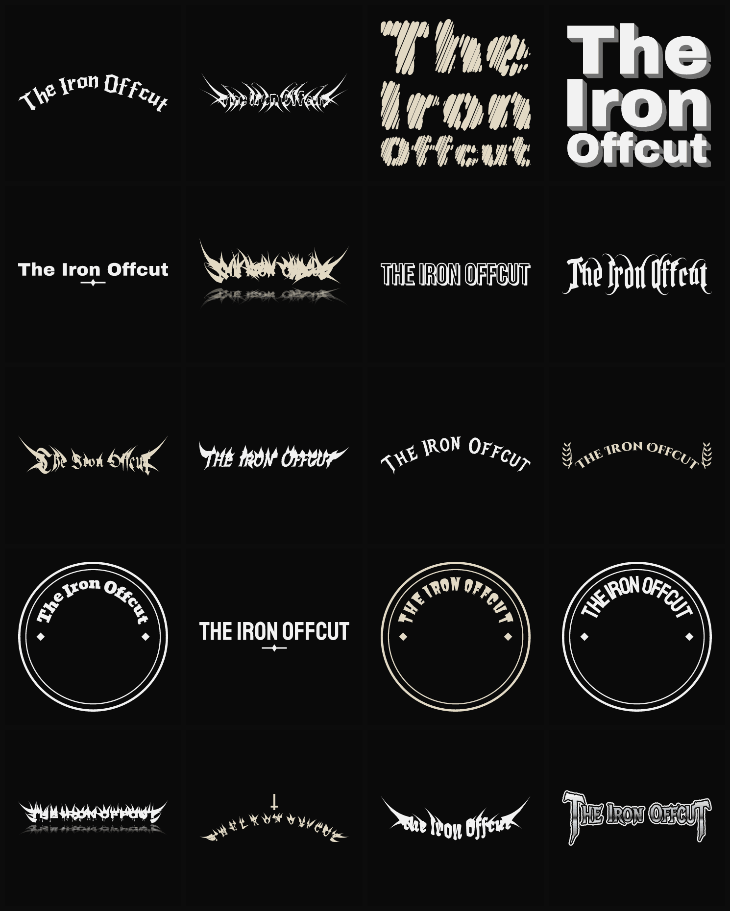 Twenty The Iron Offcut band logo ideas — different faces, treatments and spike settings