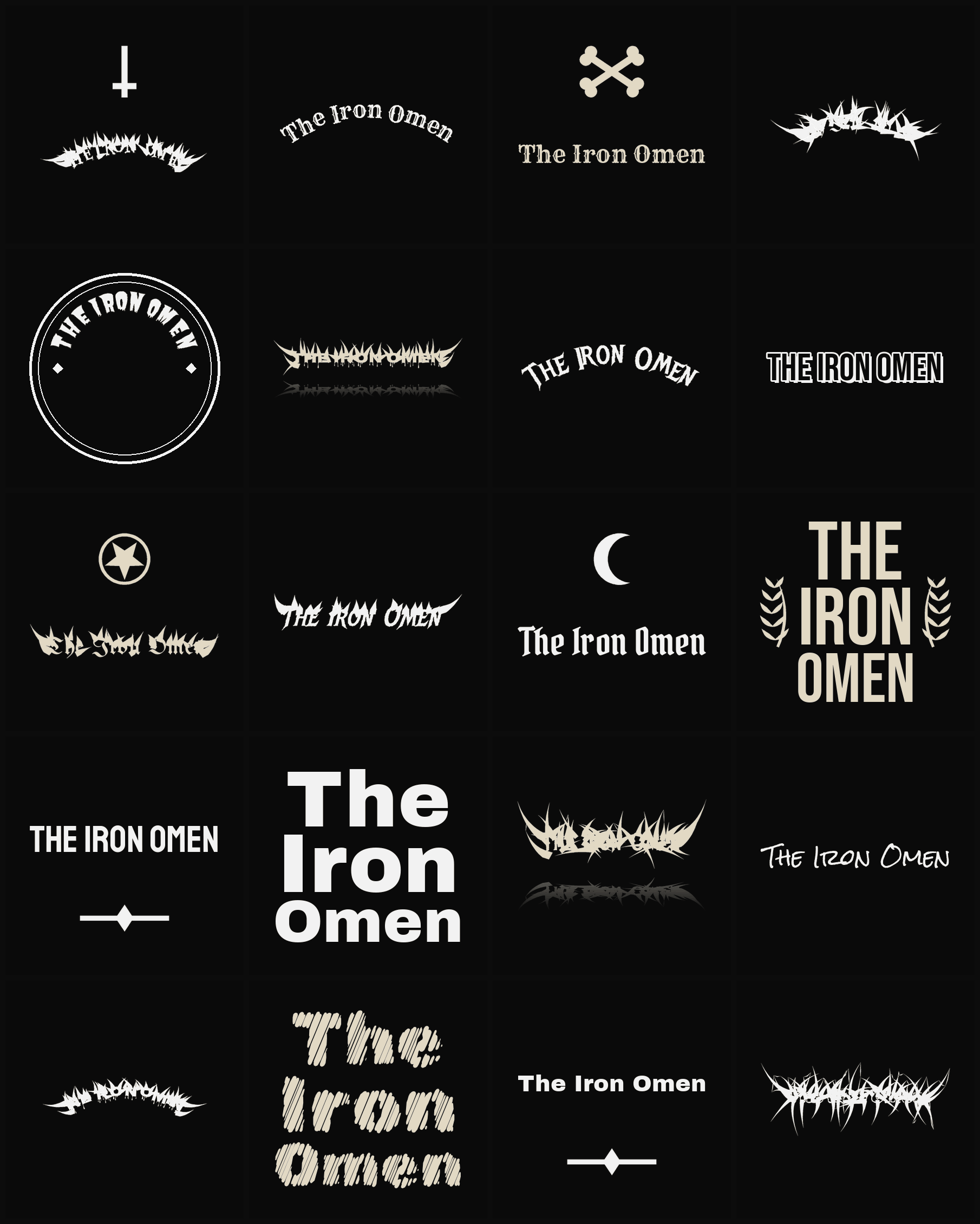 Twenty The Iron Omen band logo ideas — different faces, treatments and spike settings